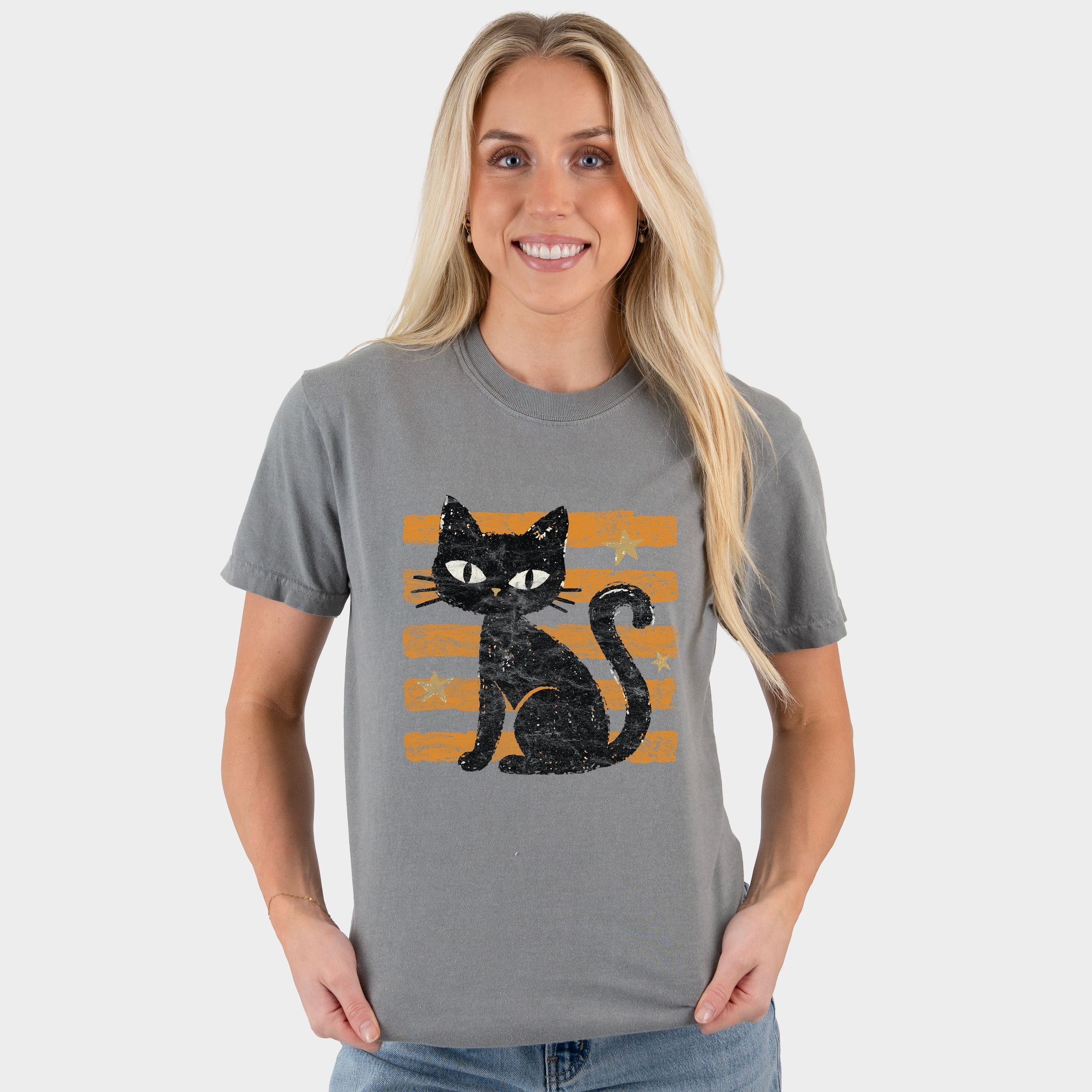 Black Cat Orange Stripes - Women's Garment Dyed Graphic T-Shirt