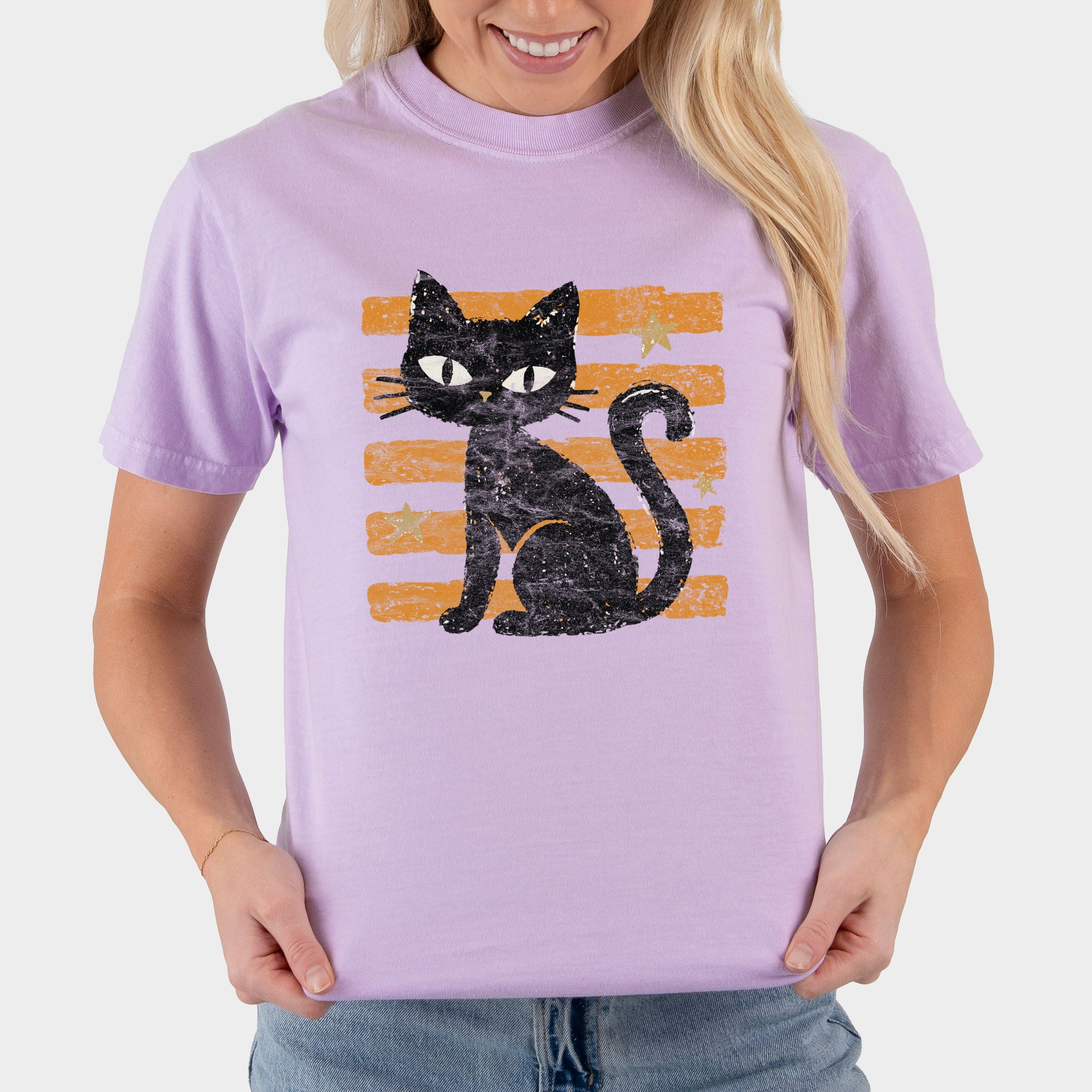 Black Cat Orange Stripes - Women's Garment Dyed Graphic T-Shirt