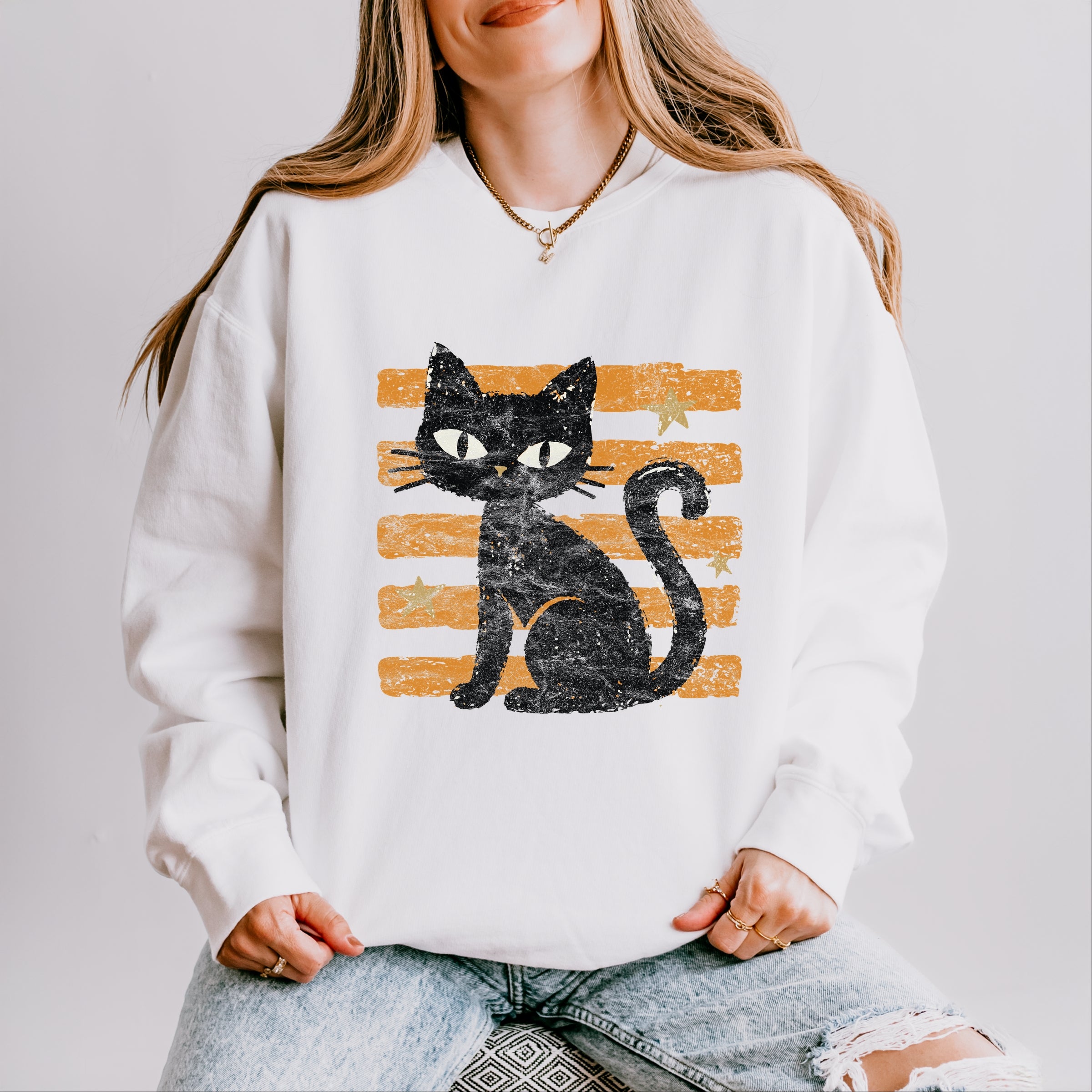 Black Cat Orange Stripes - Women's Lightweight Garment Dyed Sweatshirt