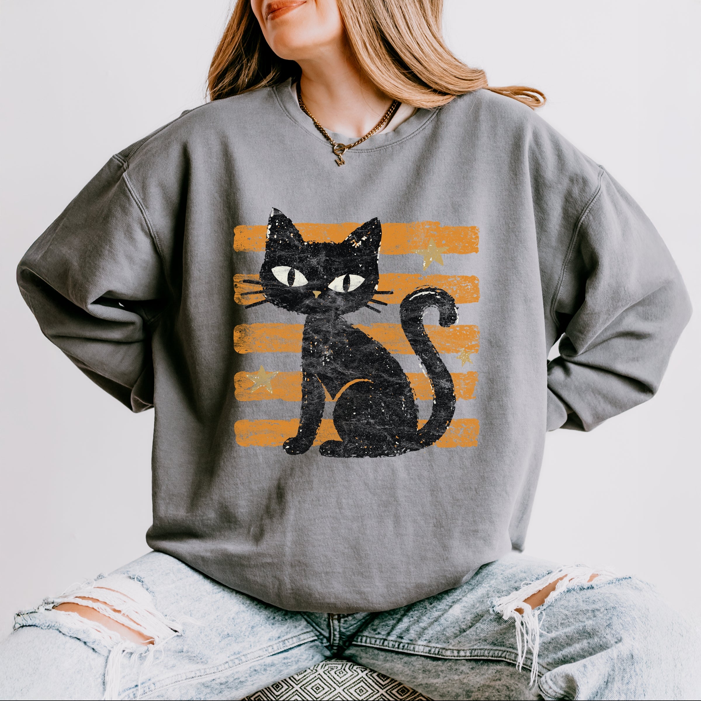 Black Cat Orange Stripes - Women's Lightweight Garment Dyed Sweatshirt