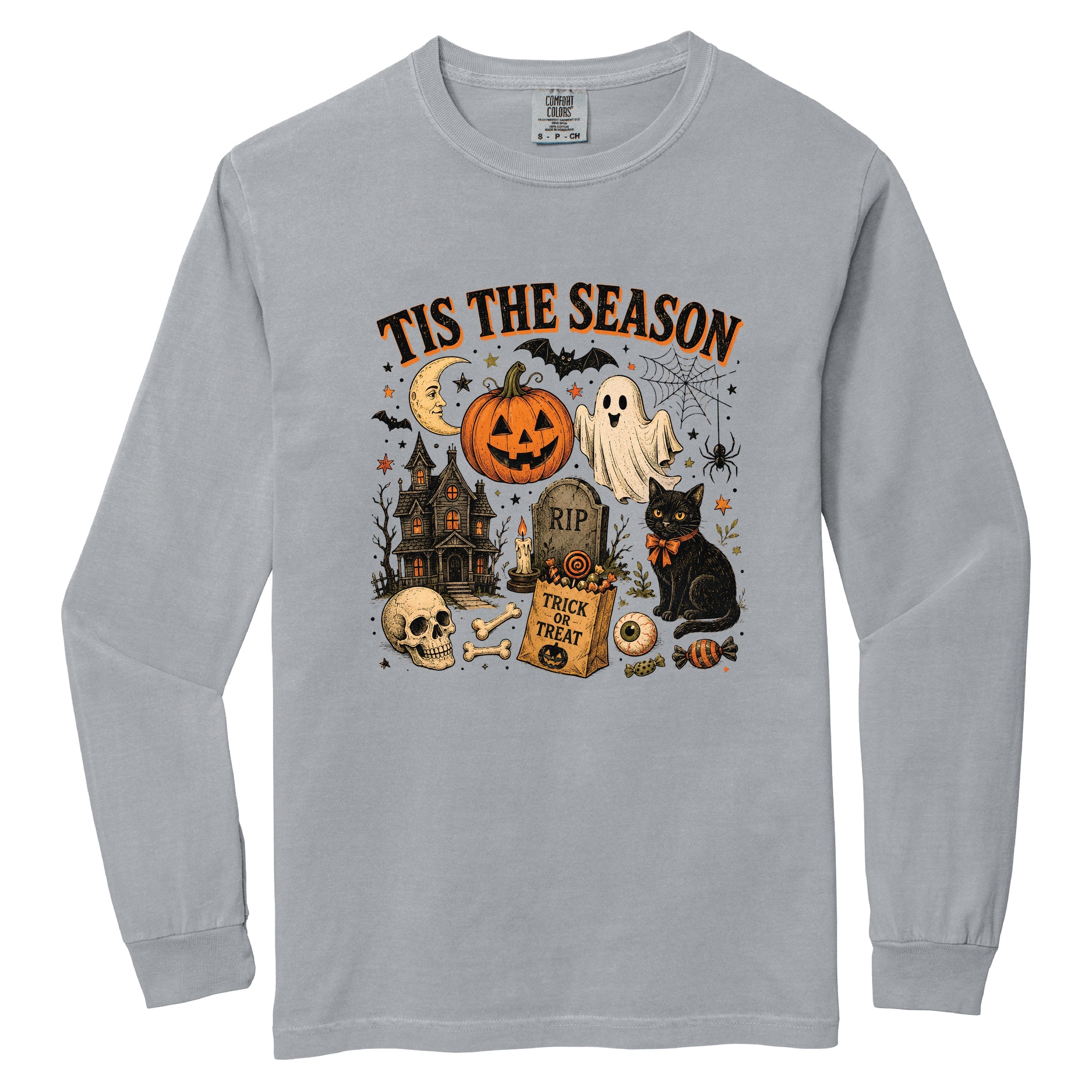 Tis The Season Haloween Collage - Women's Garment Dyed Long Sleeve Graphic T-Shirt