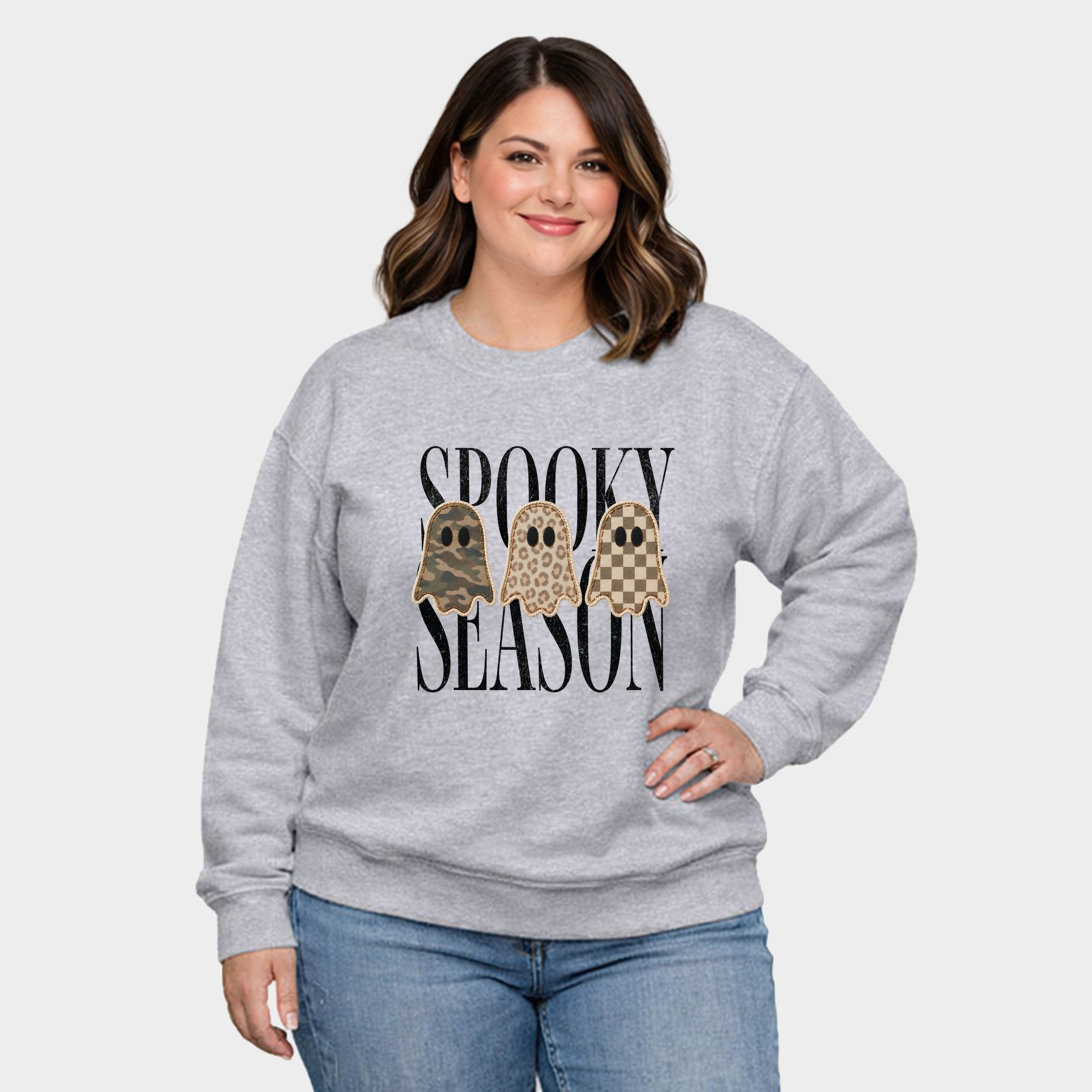 Spooky Season Patterned Ghosts PRINT -  Women's Plus Sized Graphic Sweatshirt