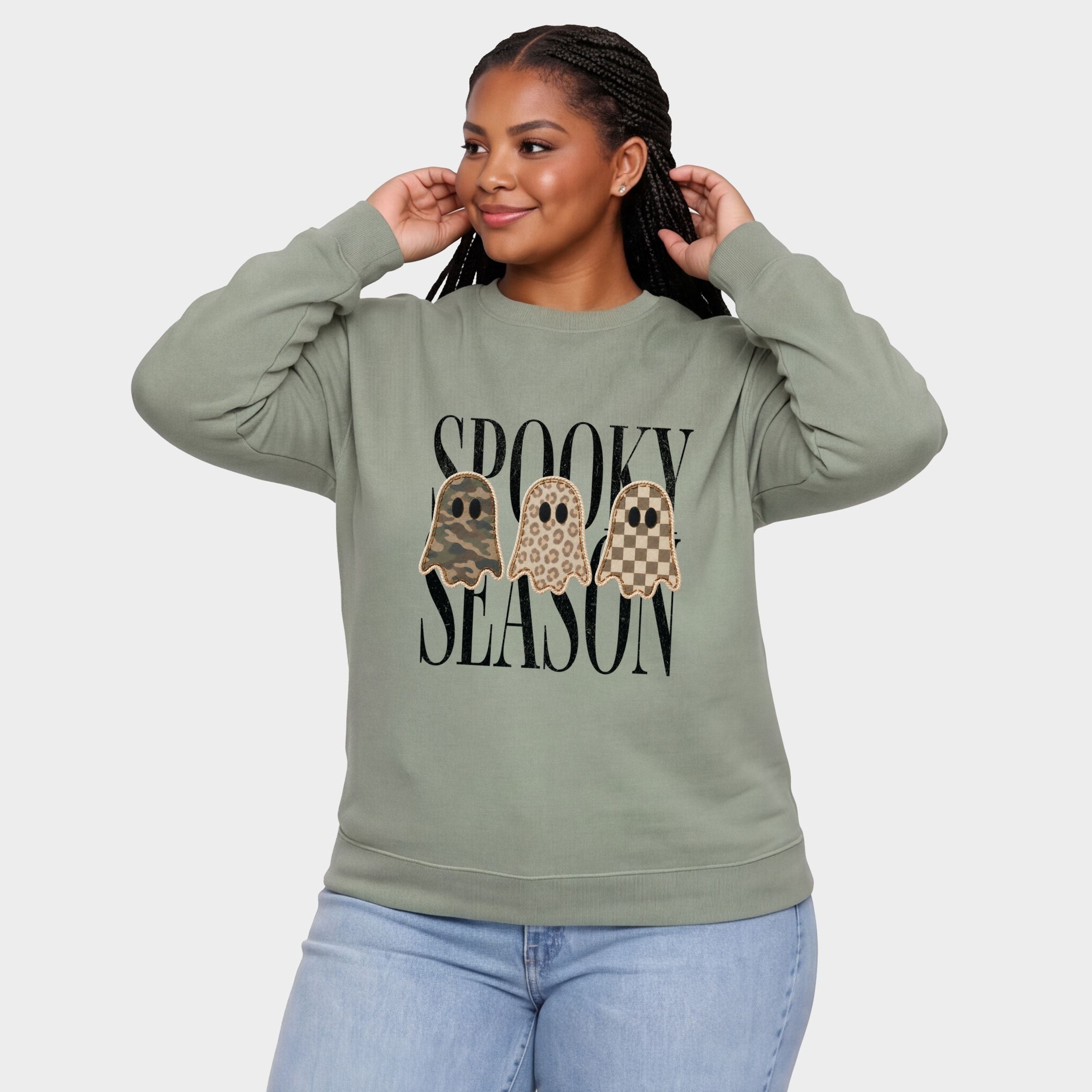 Spooky Season Patterned Ghosts PRINT -  Women's Plus Sized Graphic Sweatshirt