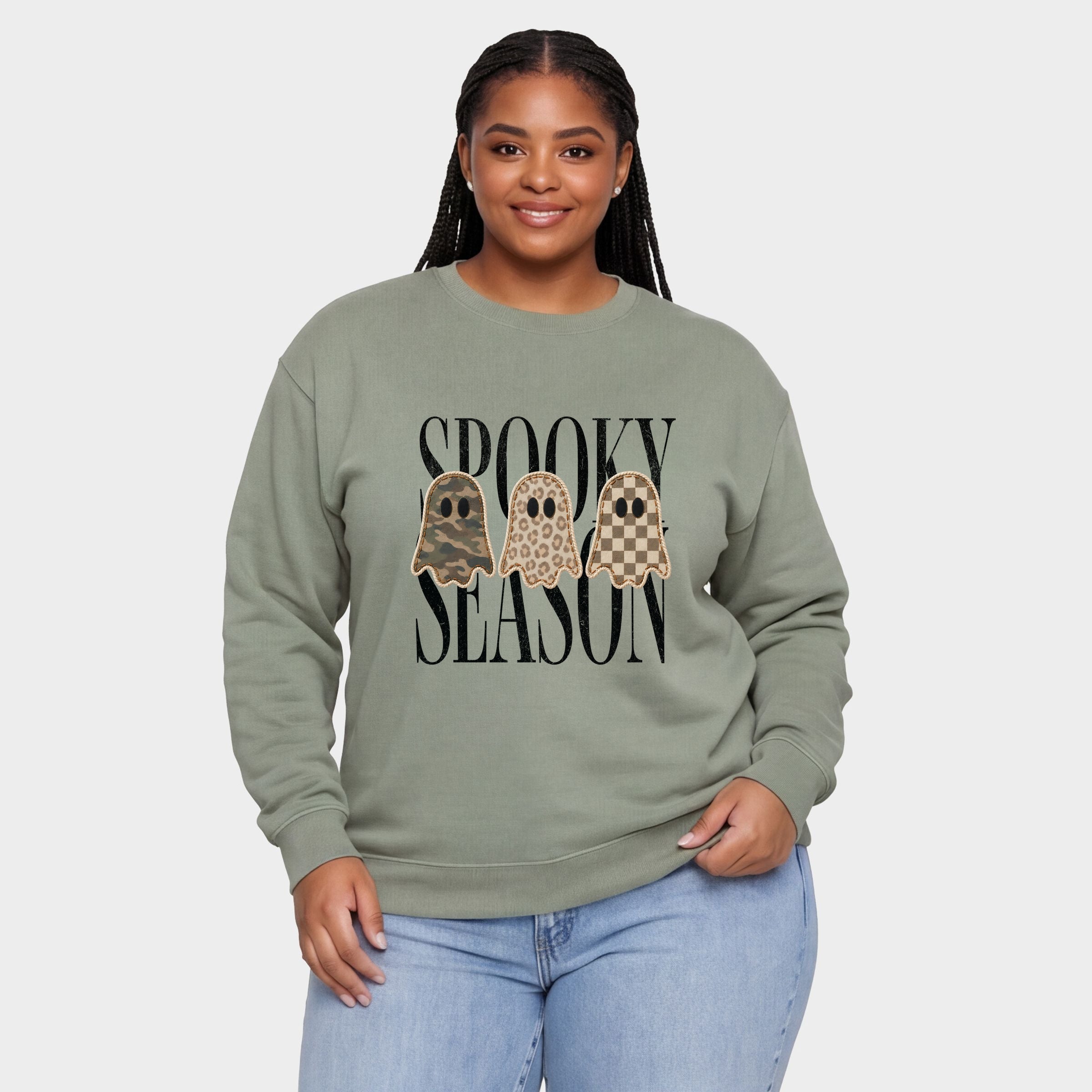 Spooky Season Patterned Ghosts PRINT -  Women's Plus Sized Graphic Sweatshirt