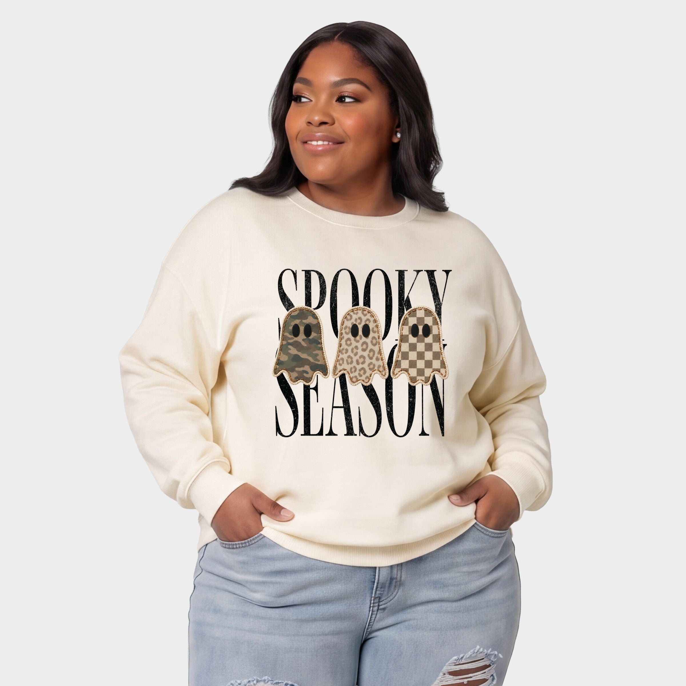 Spooky Season Patterned Ghosts PRINT -  Women's Plus Sized Graphic Sweatshirt