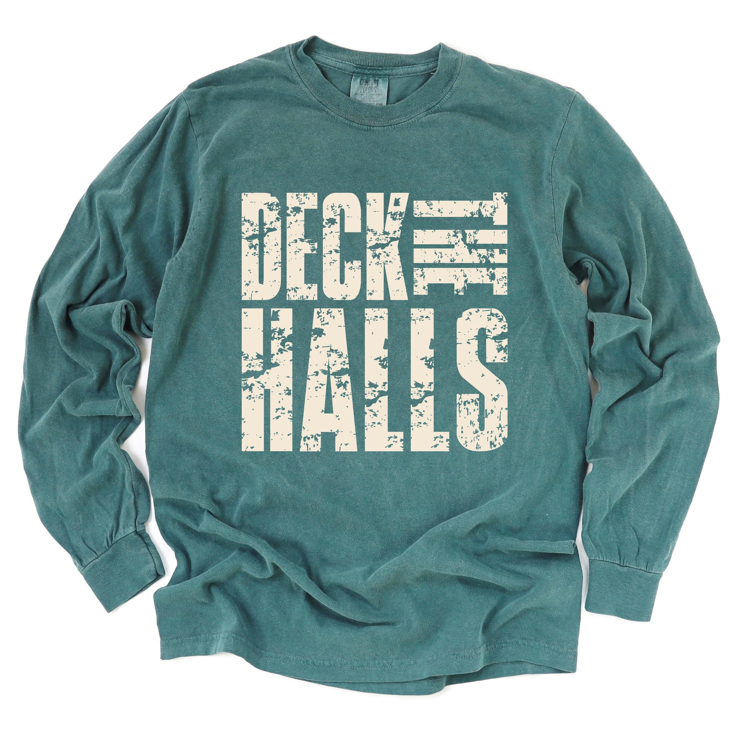 Deck the Halls Block Distressed - Women's Garment Dyed Long Sleeve Graphic T-Shirt