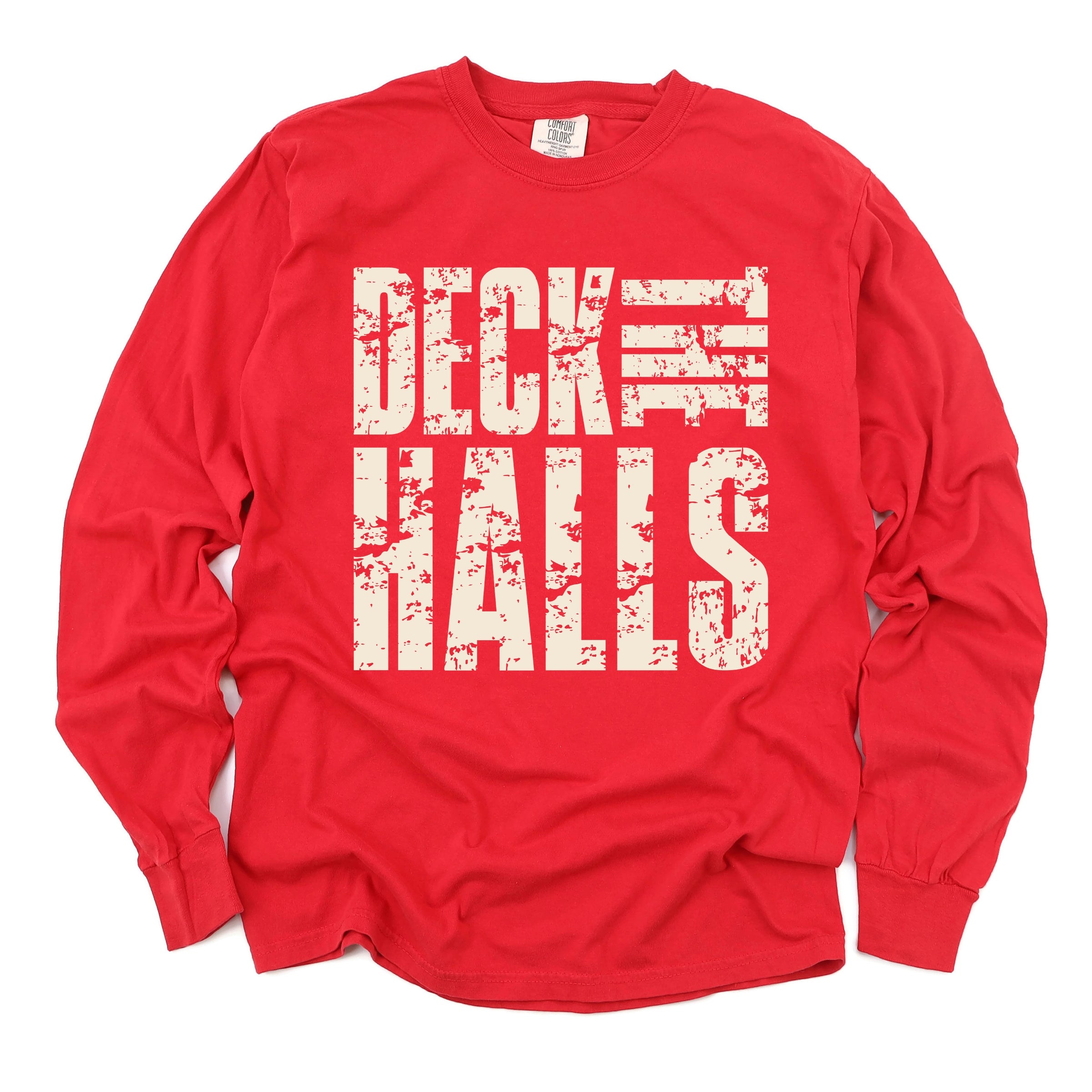Deck the Halls Block Distressed - Women's Garment Dyed Long Sleeve Graphic T-Shirt