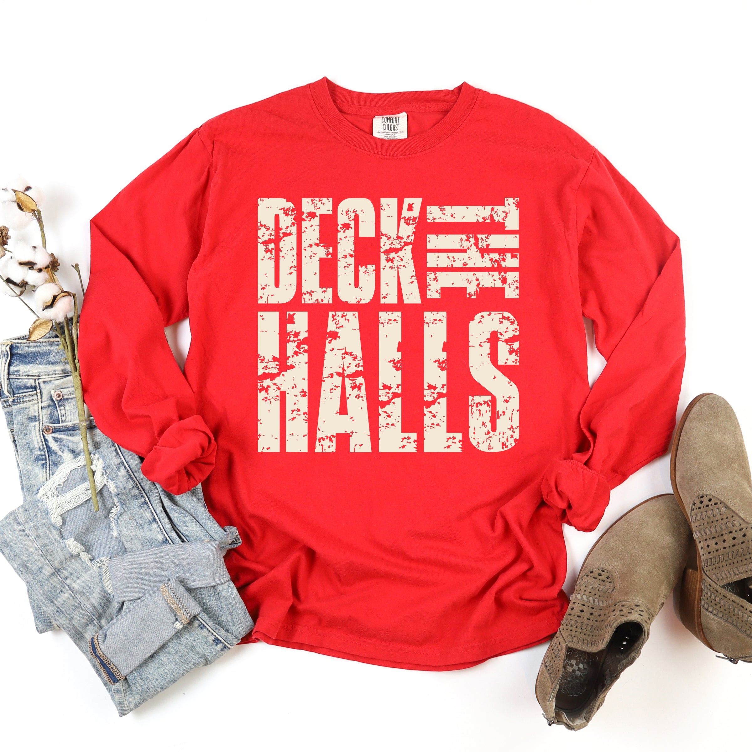 Deck the Halls Block Distressed - Women's Garment Dyed Long Sleeve Graphic T-Shirt