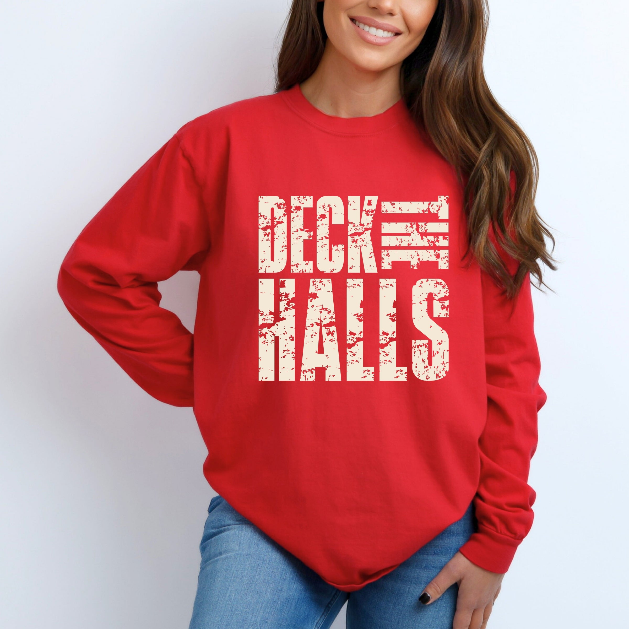 Deck the Halls Block Distressed - Women's Garment Dyed Long Sleeve Graphic T-Shirt