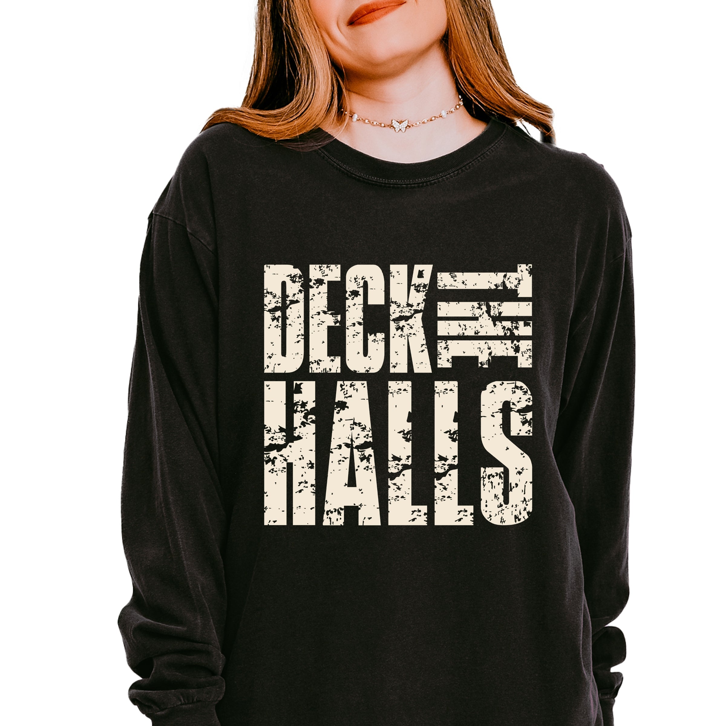 Deck the Halls Block Distressed - Women's Garment Dyed Long Sleeve Graphic T-Shirt