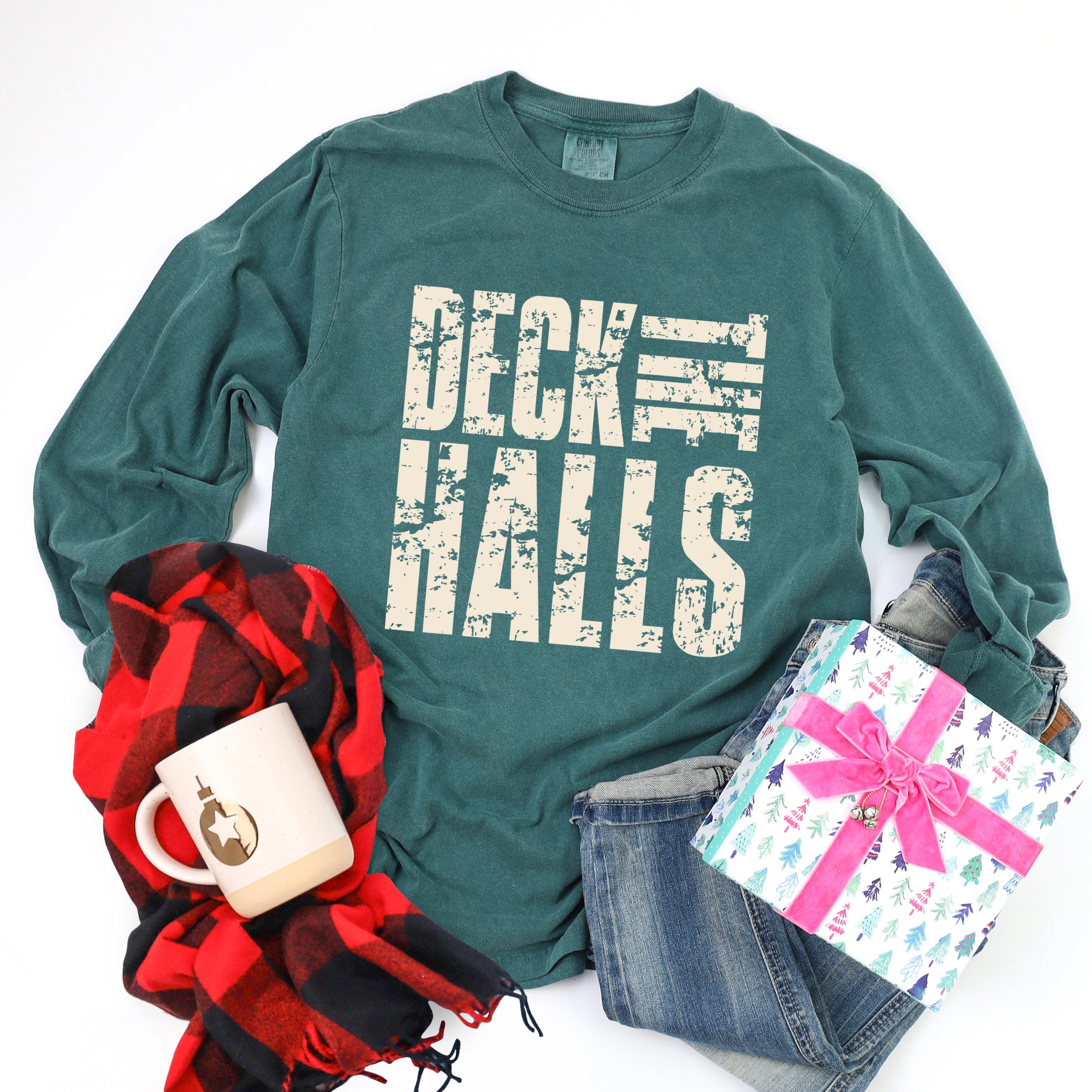 Deck the Halls Block Distressed - Women's Garment Dyed Long Sleeve Graphic T-Shirt