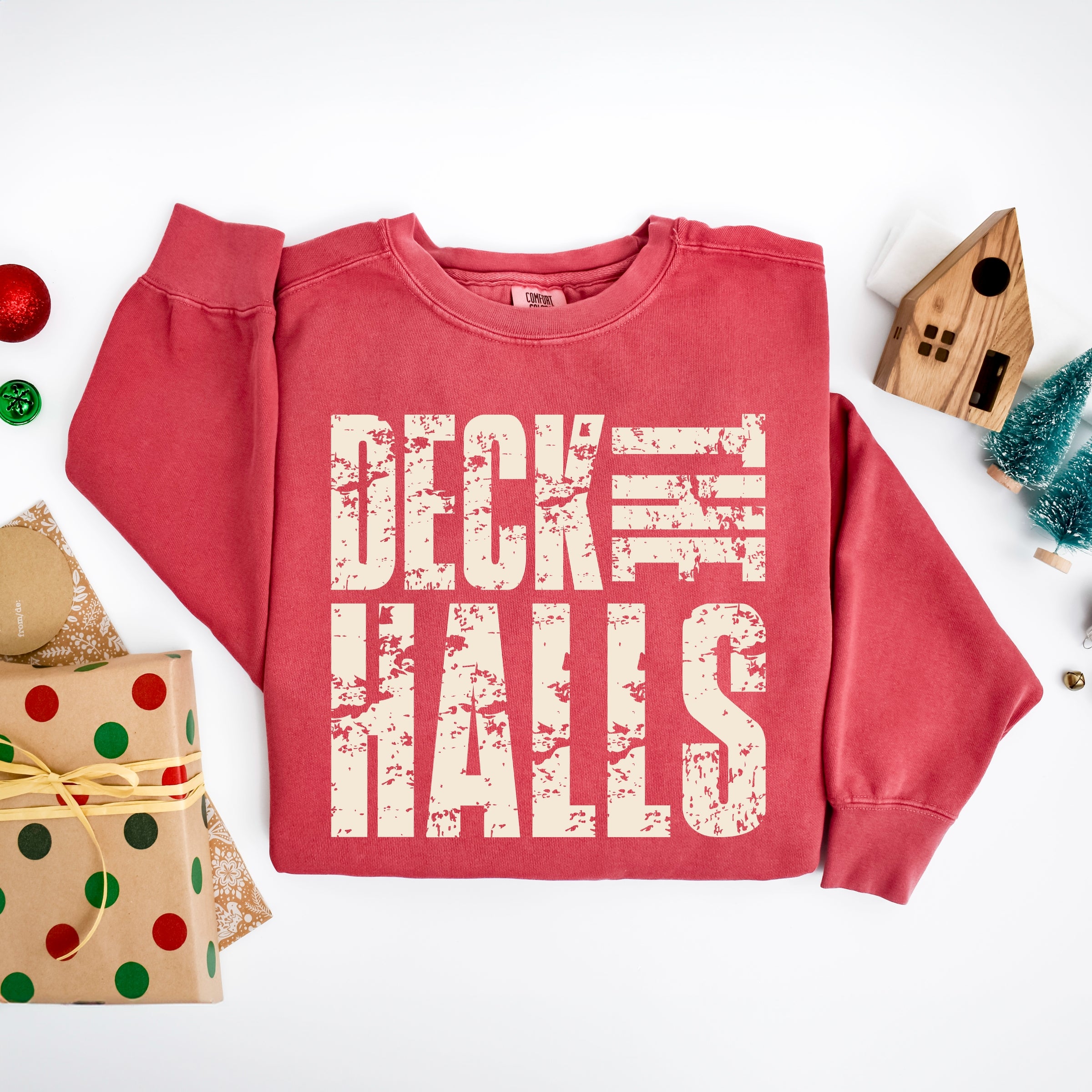 Deck the Halls Block Distressed - Women's Garment Dyed Graphic Sweatshirt