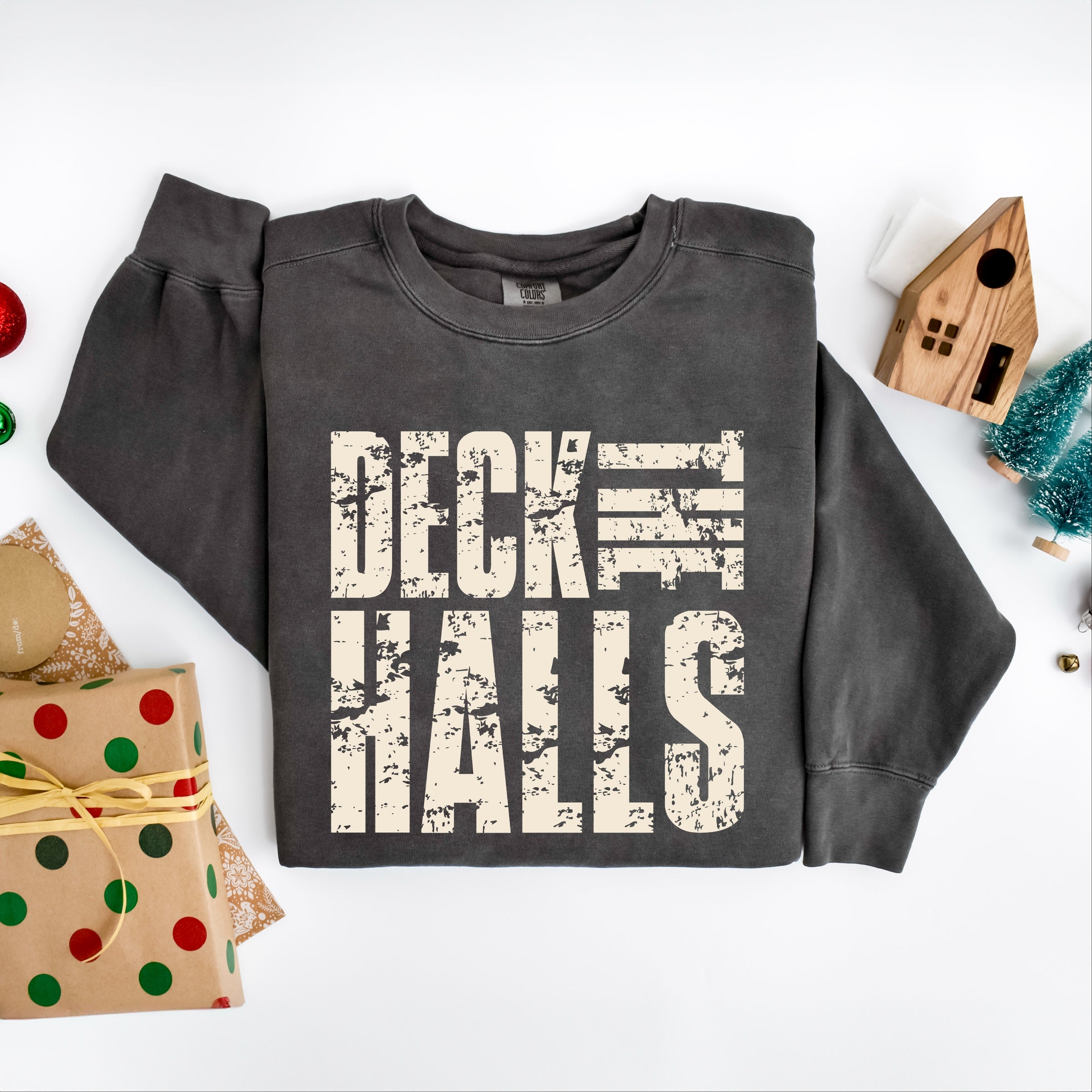 Deck the Halls Block Distressed - Women's Garment Dyed Graphic Sweatshirt