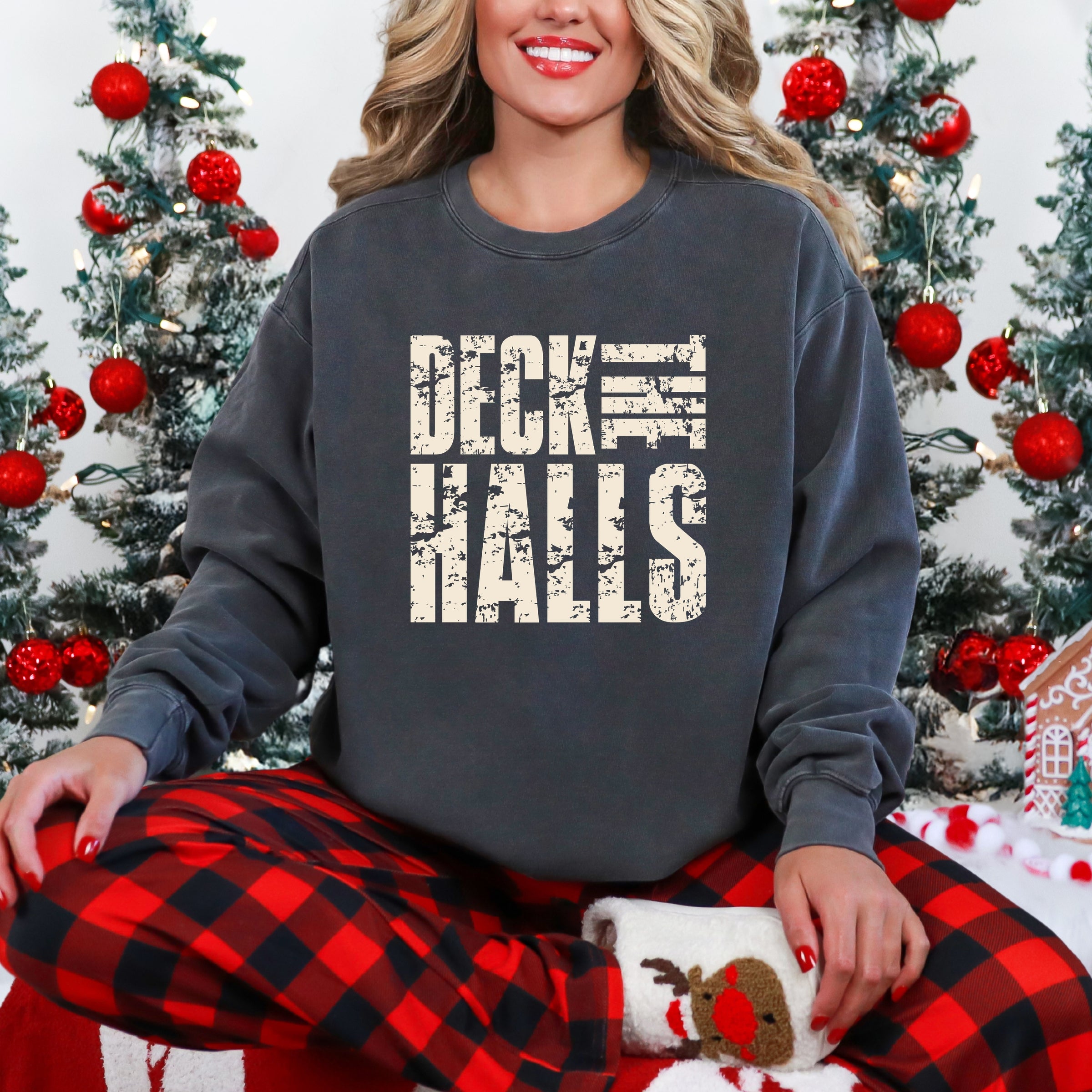 Deck the Halls Block Distressed - Women's Garment Dyed Graphic Sweatshirt