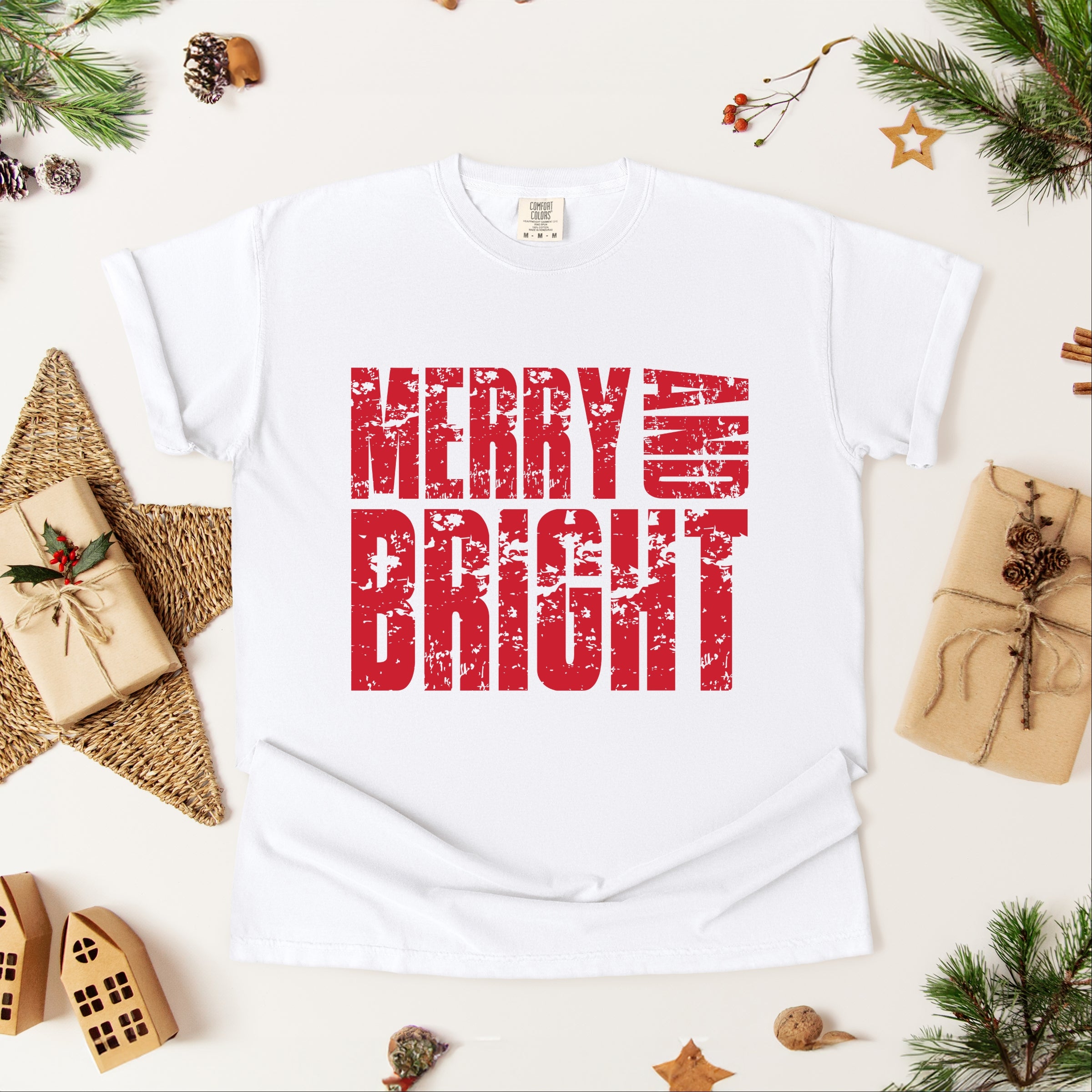 Merry and Bright Block Distressed - Women's Garment Dyed Graphic T-Shirt