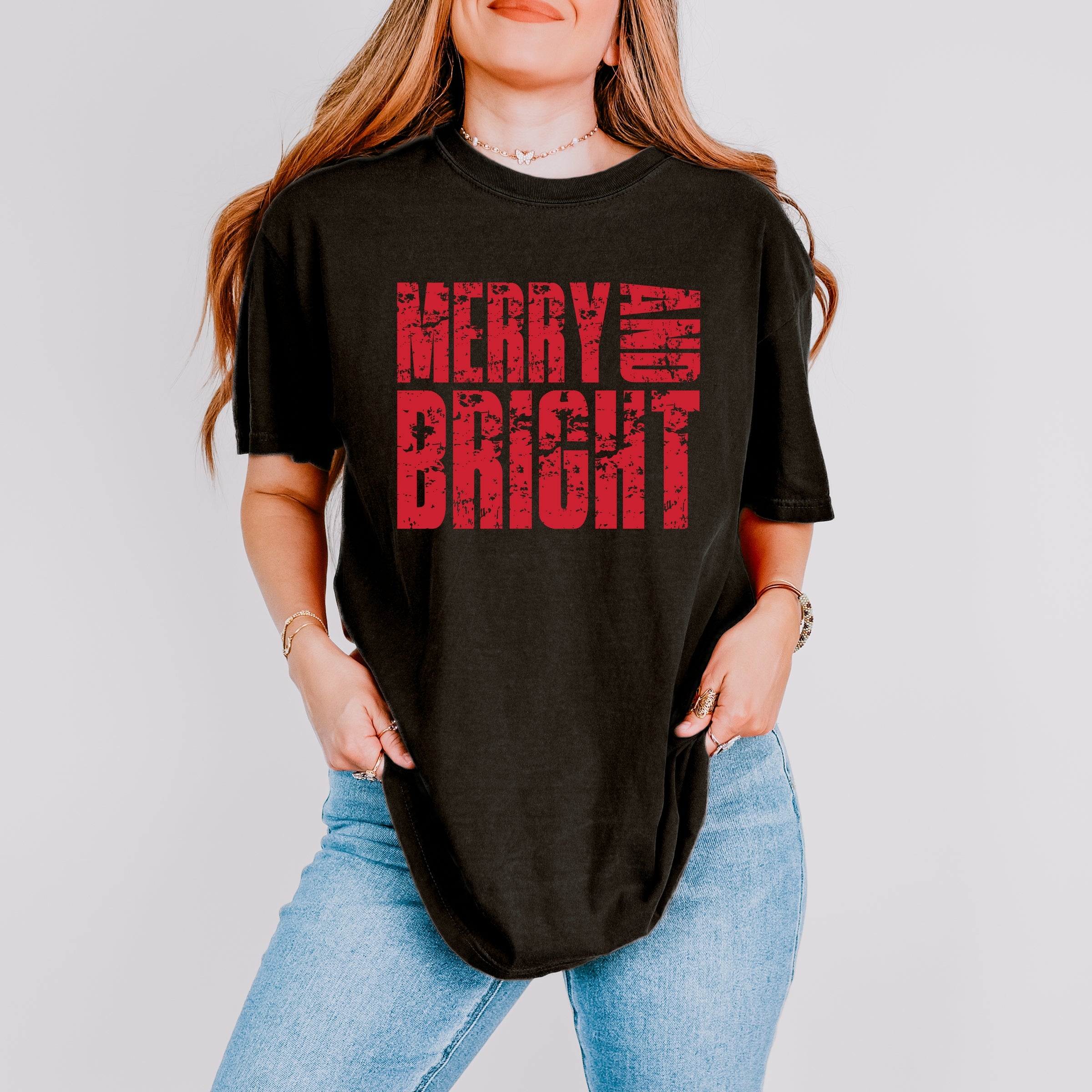 Merry and Bright Block Distressed - Women's Garment Dyed Graphic T-Shirt