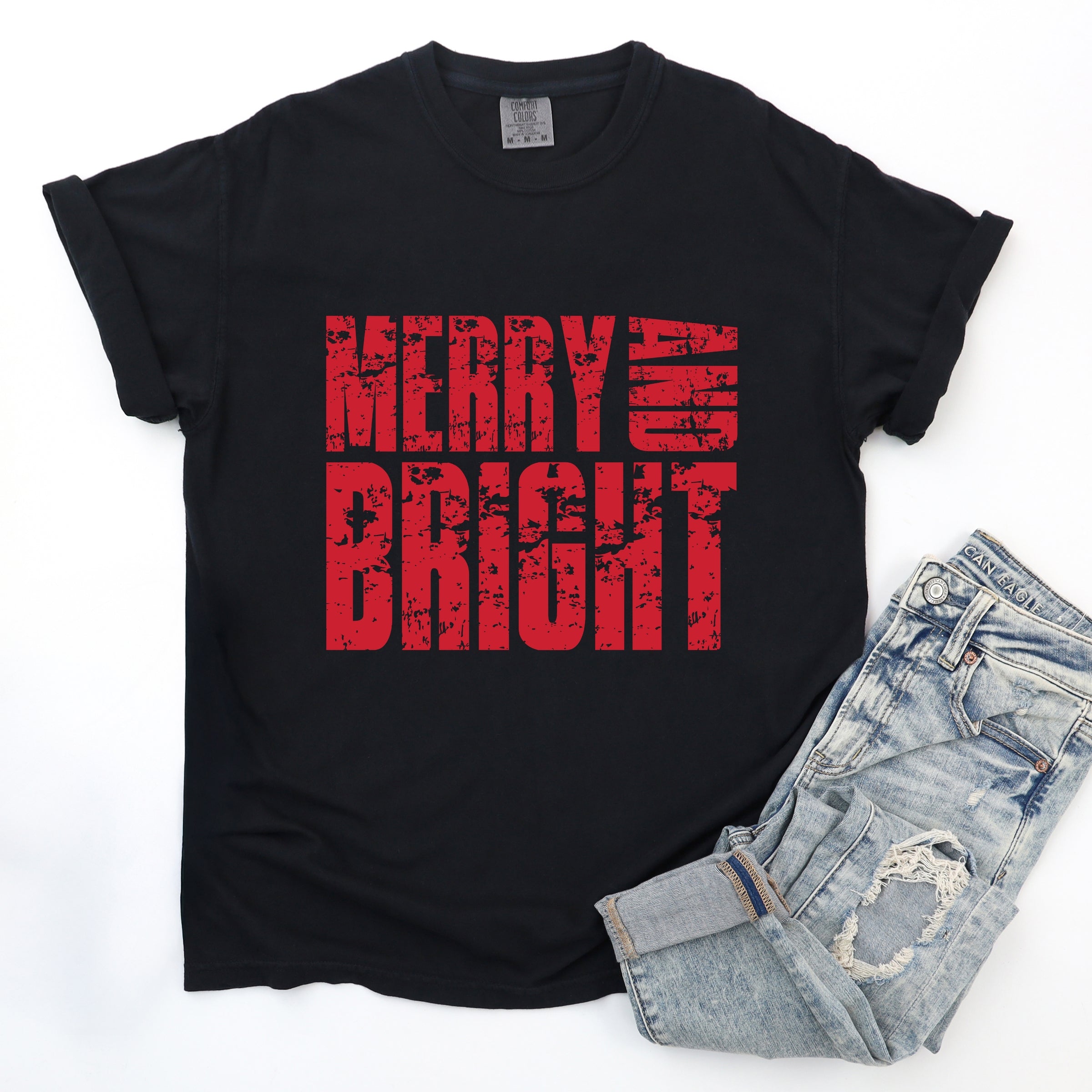 Merry and Bright Block Distressed - Women's Garment Dyed Graphic T-Shirt