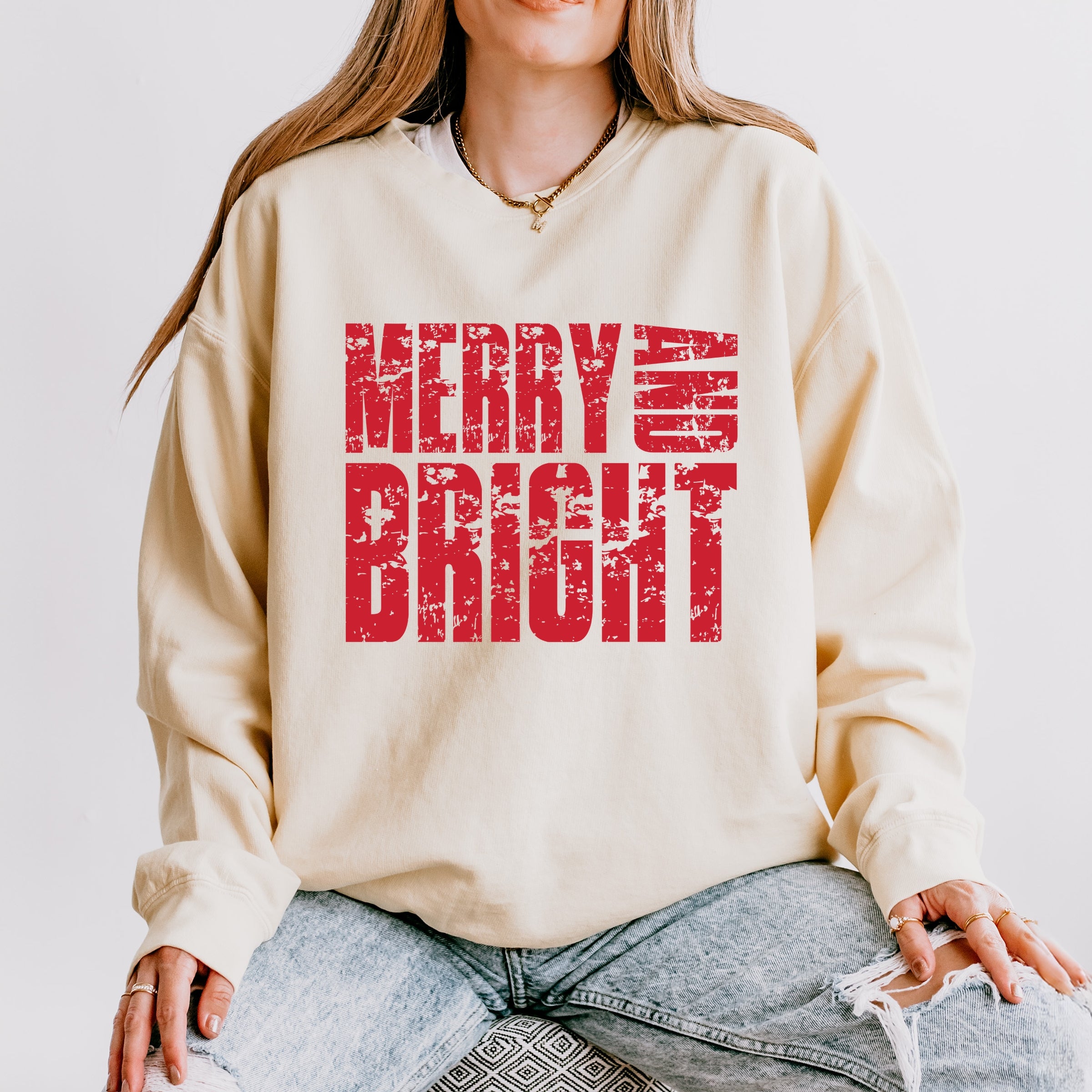 Merry and Bright Block Distressed - Women's Lightweight Garment Dyed Sweatshirt