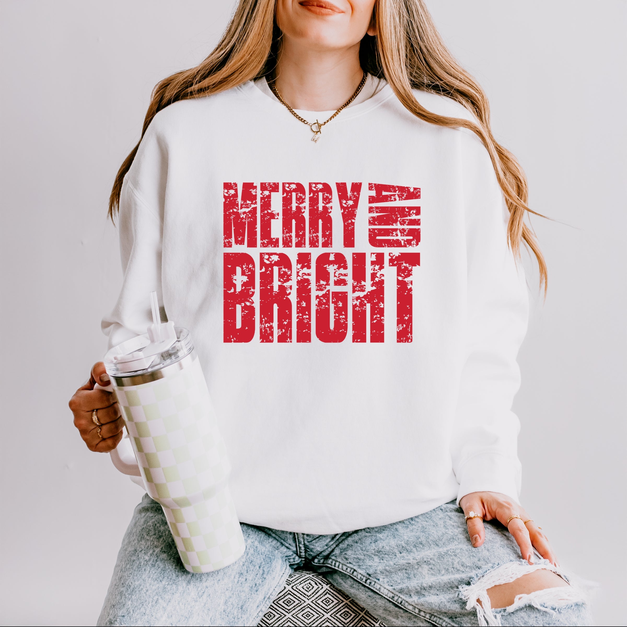 Merry and Bright Block Distressed - Women's Lightweight Garment Dyed Sweatshirt
