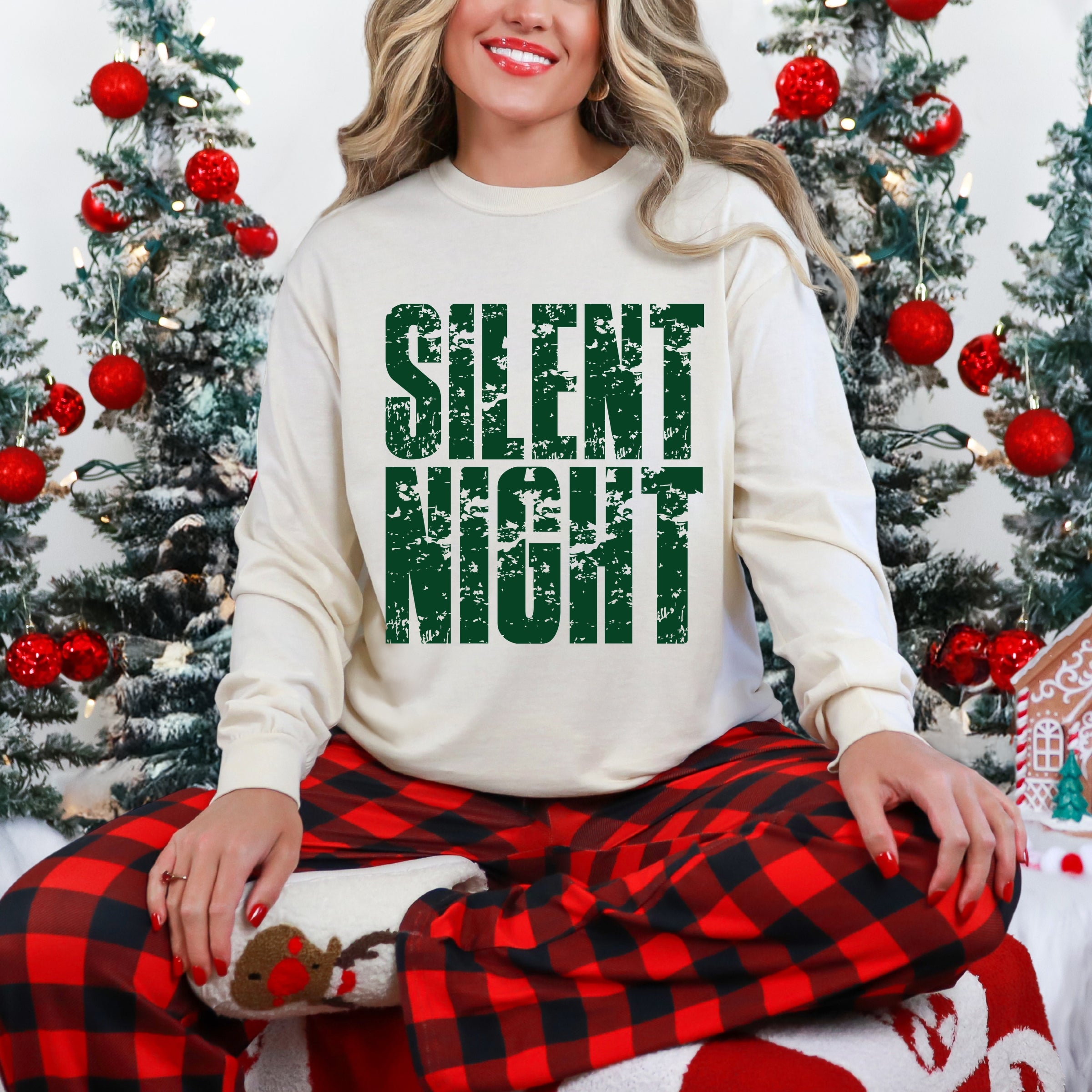 Silent Night Block Distressed - Women's Garment Dyed Long Sleeve Graphic T-Shirt