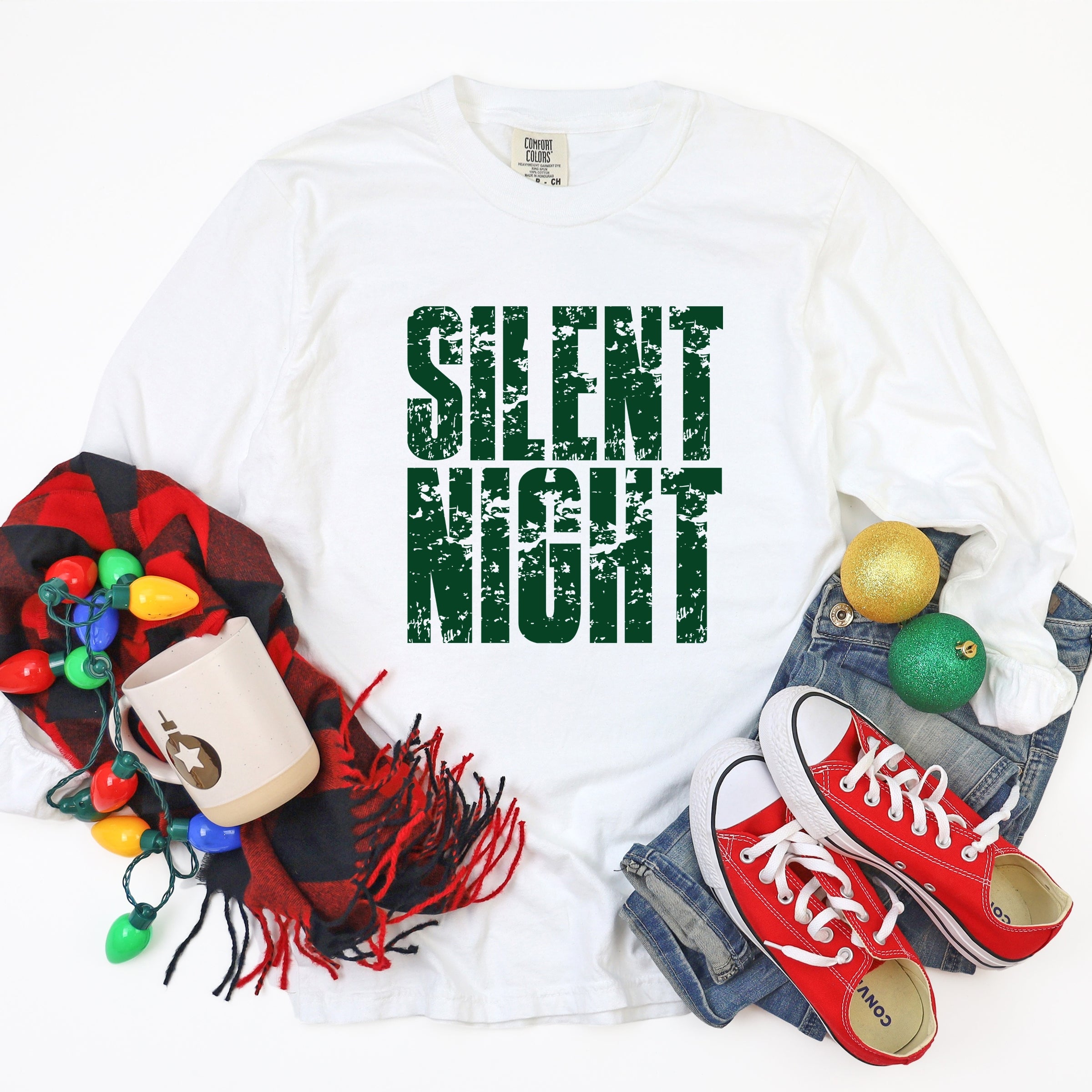 Silent Night Block Distressed - Women's Garment Dyed Long Sleeve Graphic T-Shirt