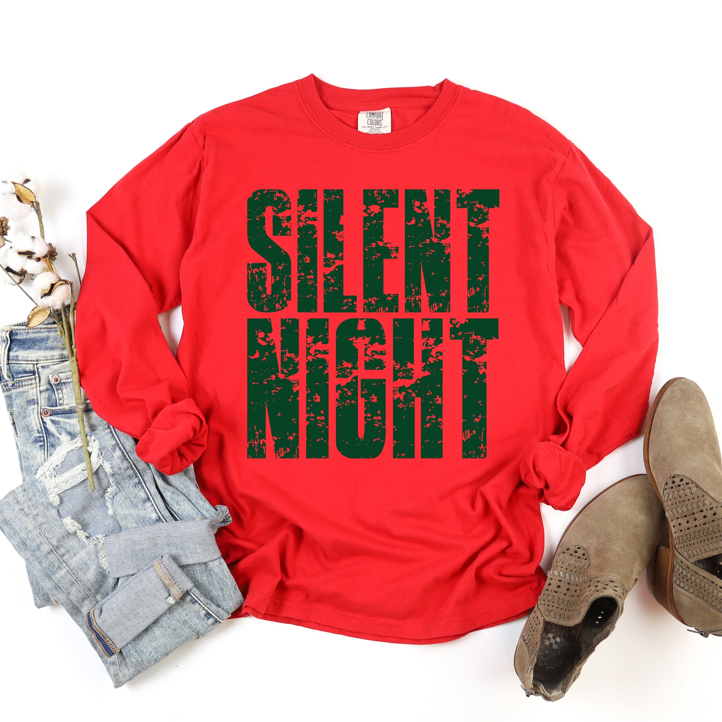Silent Night Block Distressed - Women's Garment Dyed Long Sleeve Graphic T-Shirt