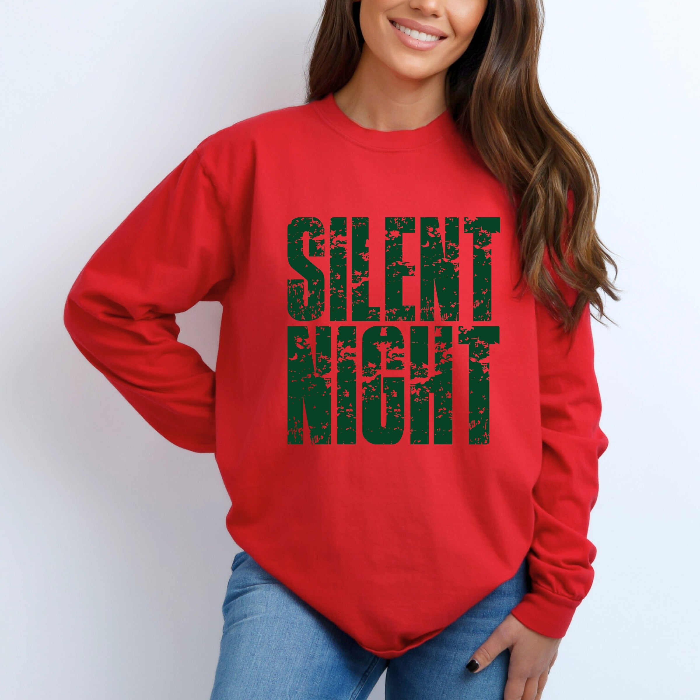 Silent Night Block Distressed - Women's Garment Dyed Long Sleeve Graphic T-Shirt