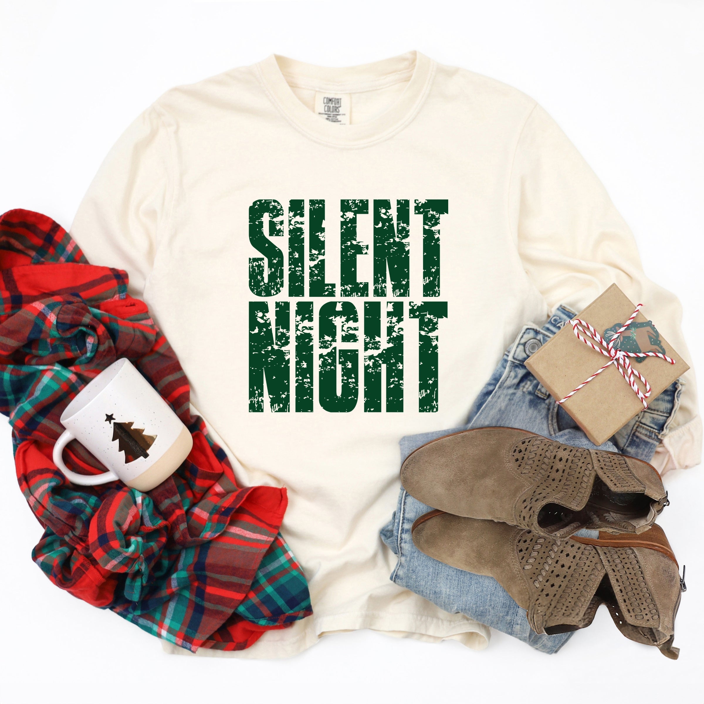 Silent Night Block Distressed - Women's Garment Dyed Long Sleeve Graphic T-Shirt
