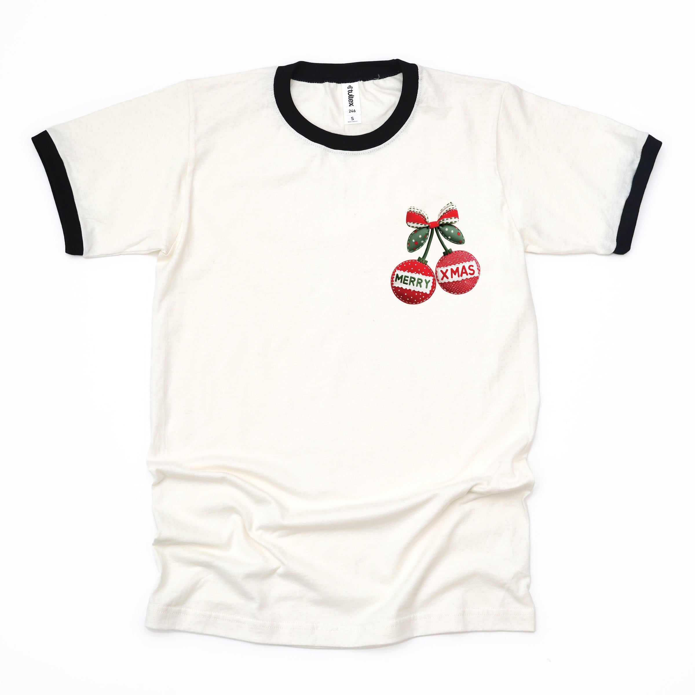 Merry Xmas Ornament Quilted Print - Women's Ringer Graphic T-Shirt