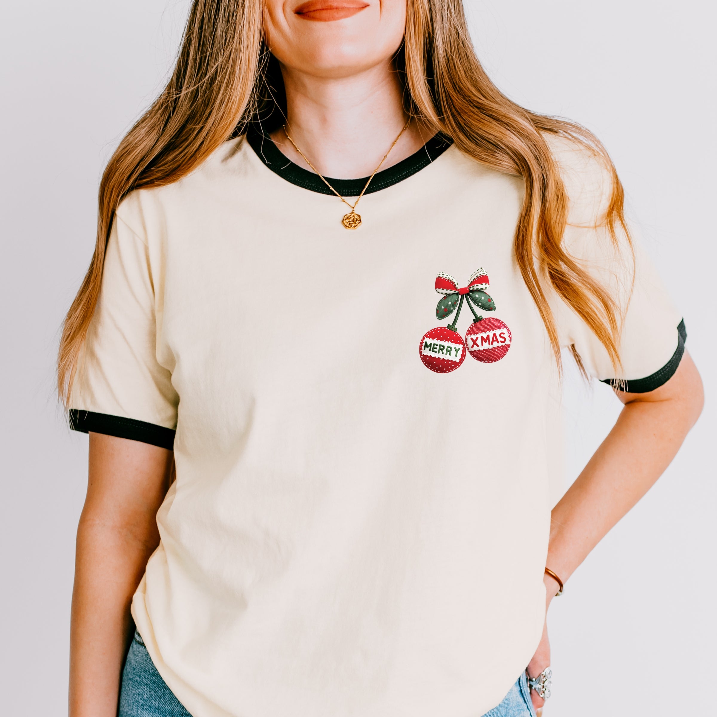 Merry Xmas Ornament Quilted Print - Women's Ringer Graphic T-Shirt