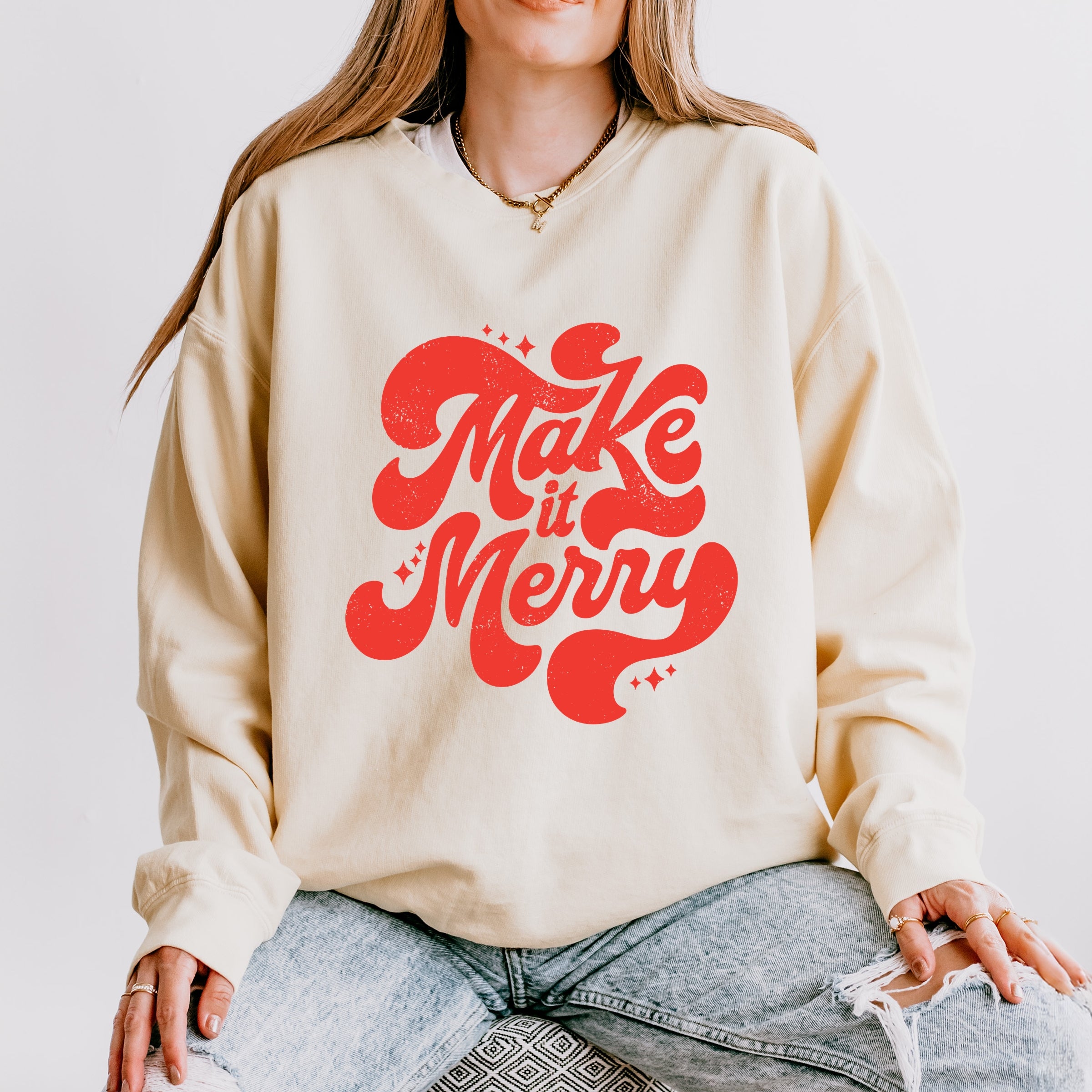 Make It Merry Cursive Distressed - Women's Lightweight Garment Dyed Sweatshirt