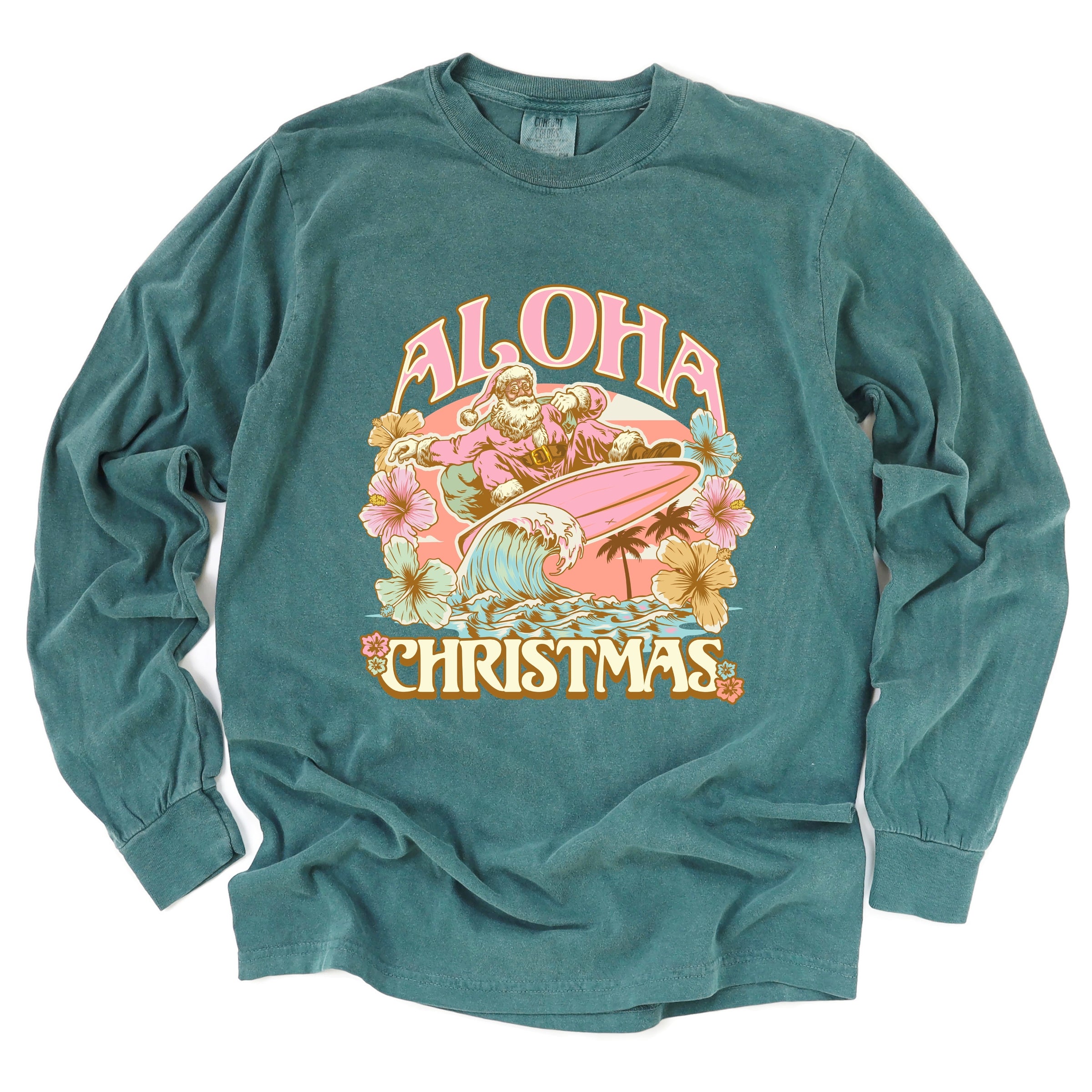 Aloha Christmas Surfing Santa - Women's Garment Dyed Long Sleeve Graphic T-Shirt