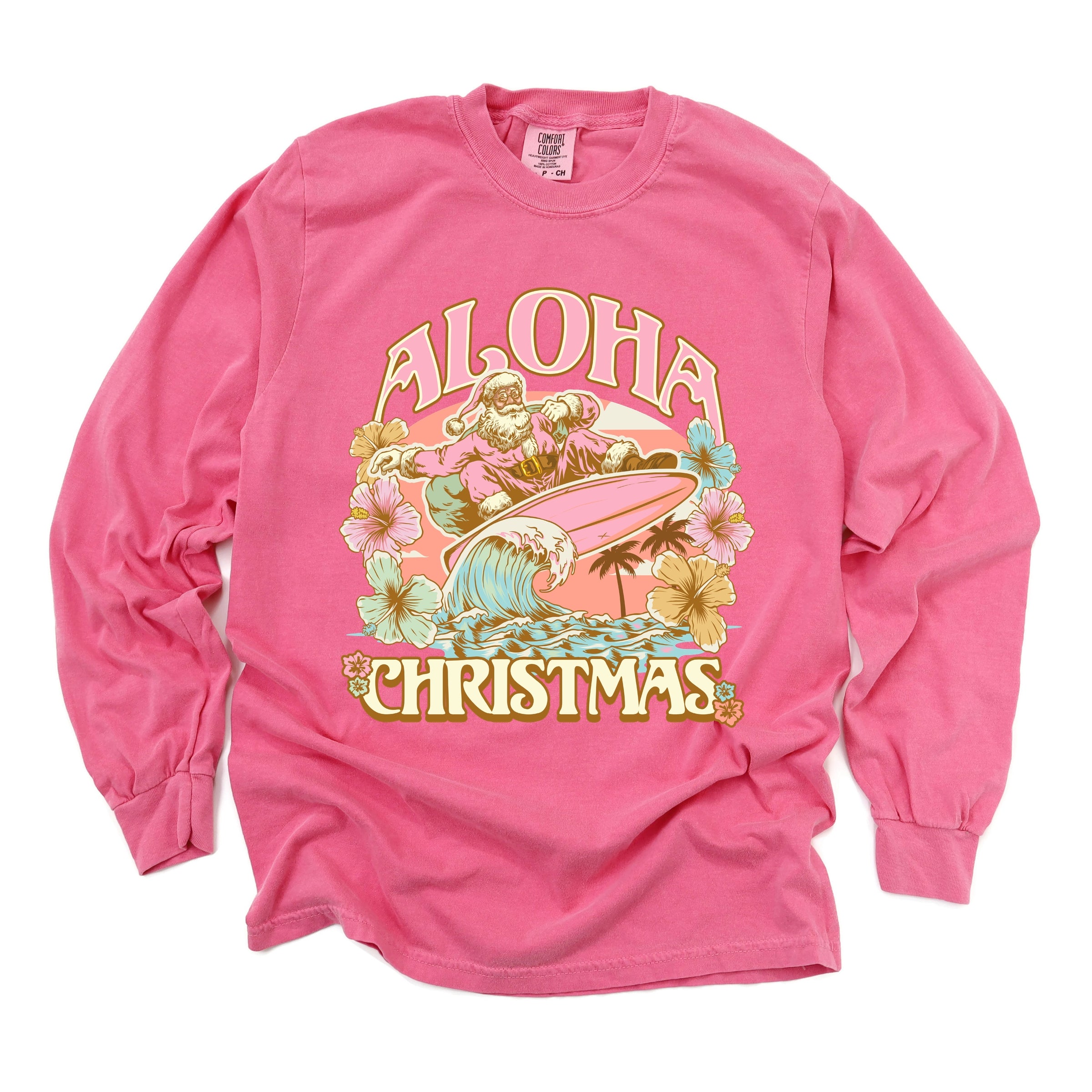 Aloha Christmas Surfing Santa - Women's Garment Dyed Long Sleeve Graphic T-Shirt