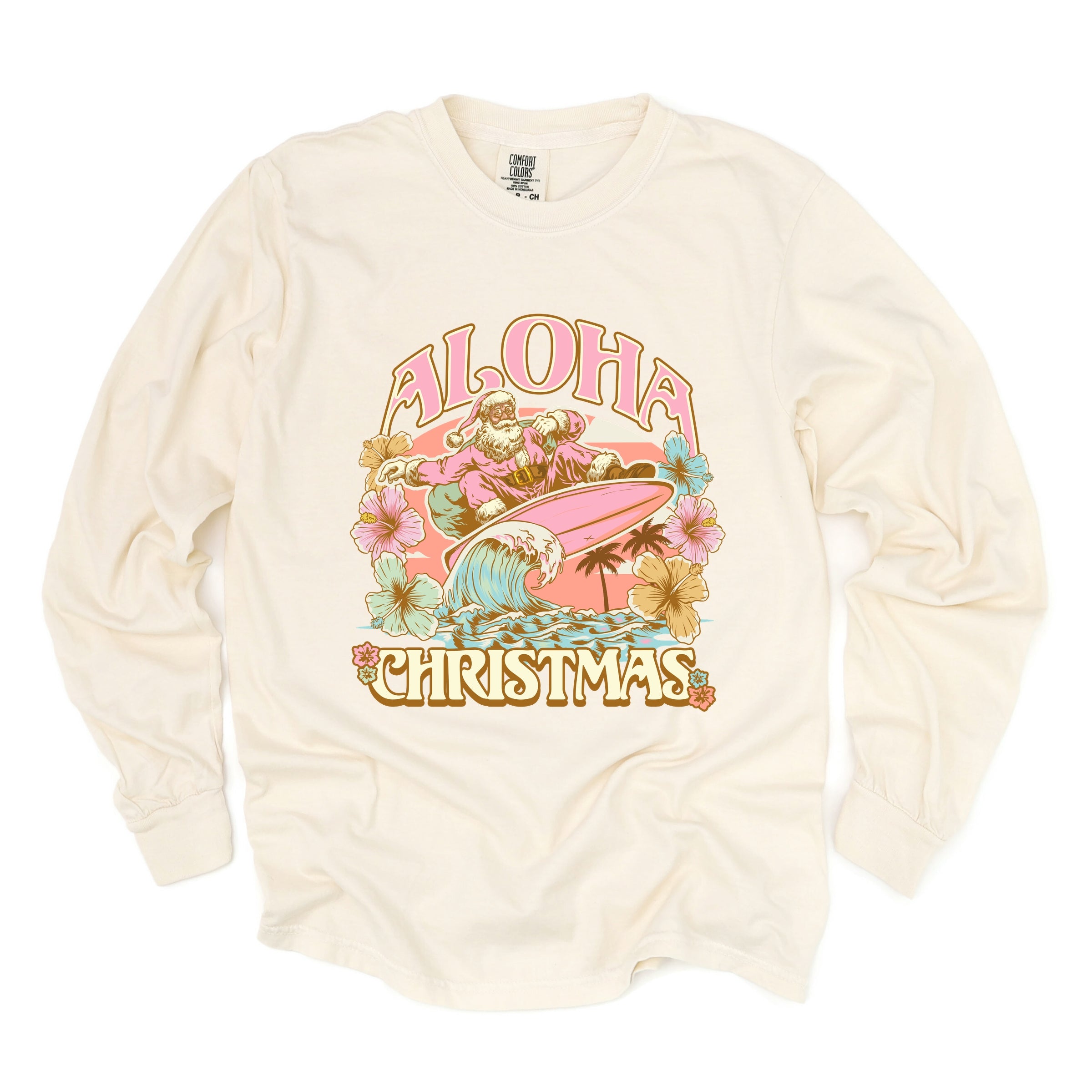 Aloha Christmas Surfing Santa - Women's Garment Dyed Long Sleeve Graphic T-Shirt