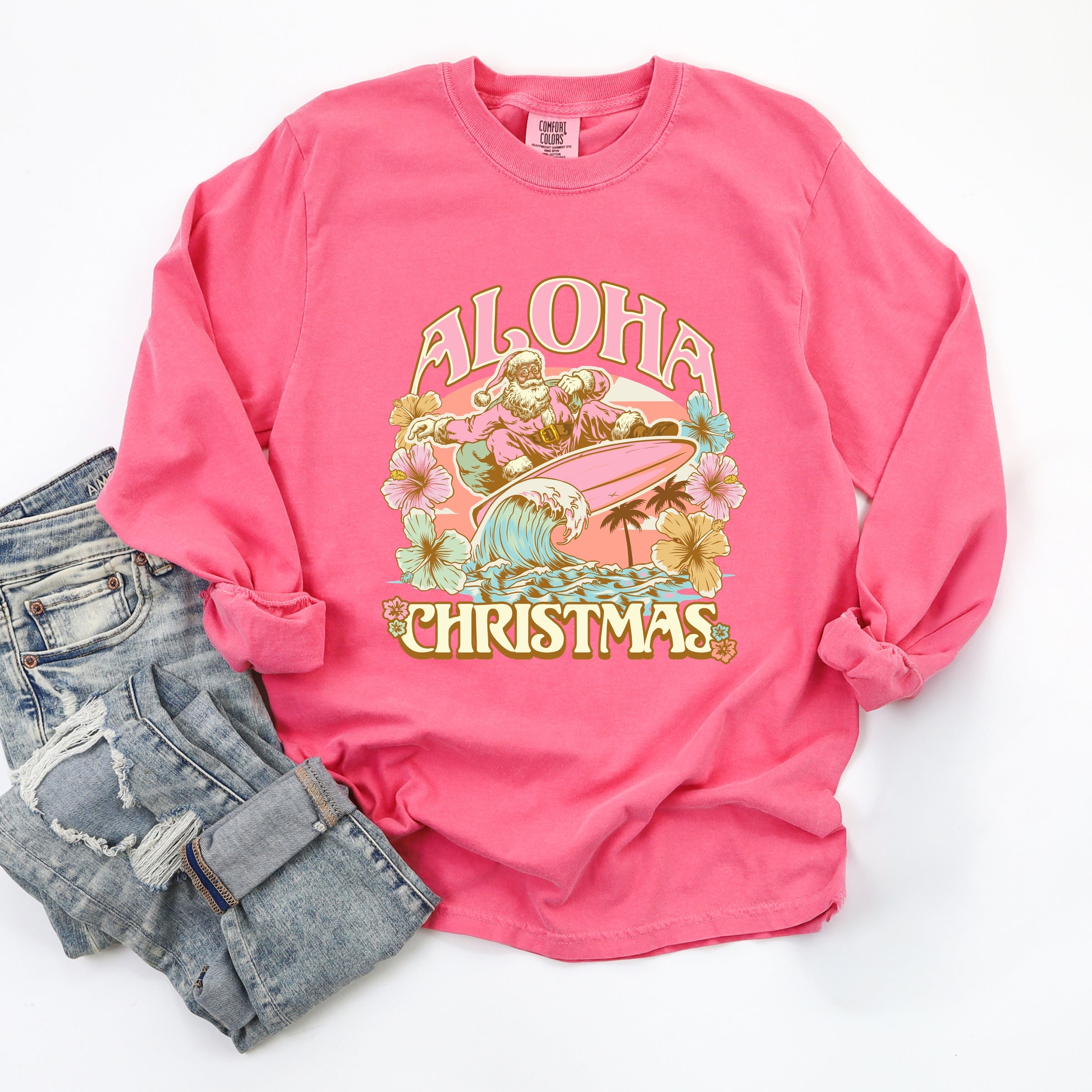 Aloha Christmas Surfing Santa - Women's Garment Dyed Long Sleeve Graphic T-Shirt