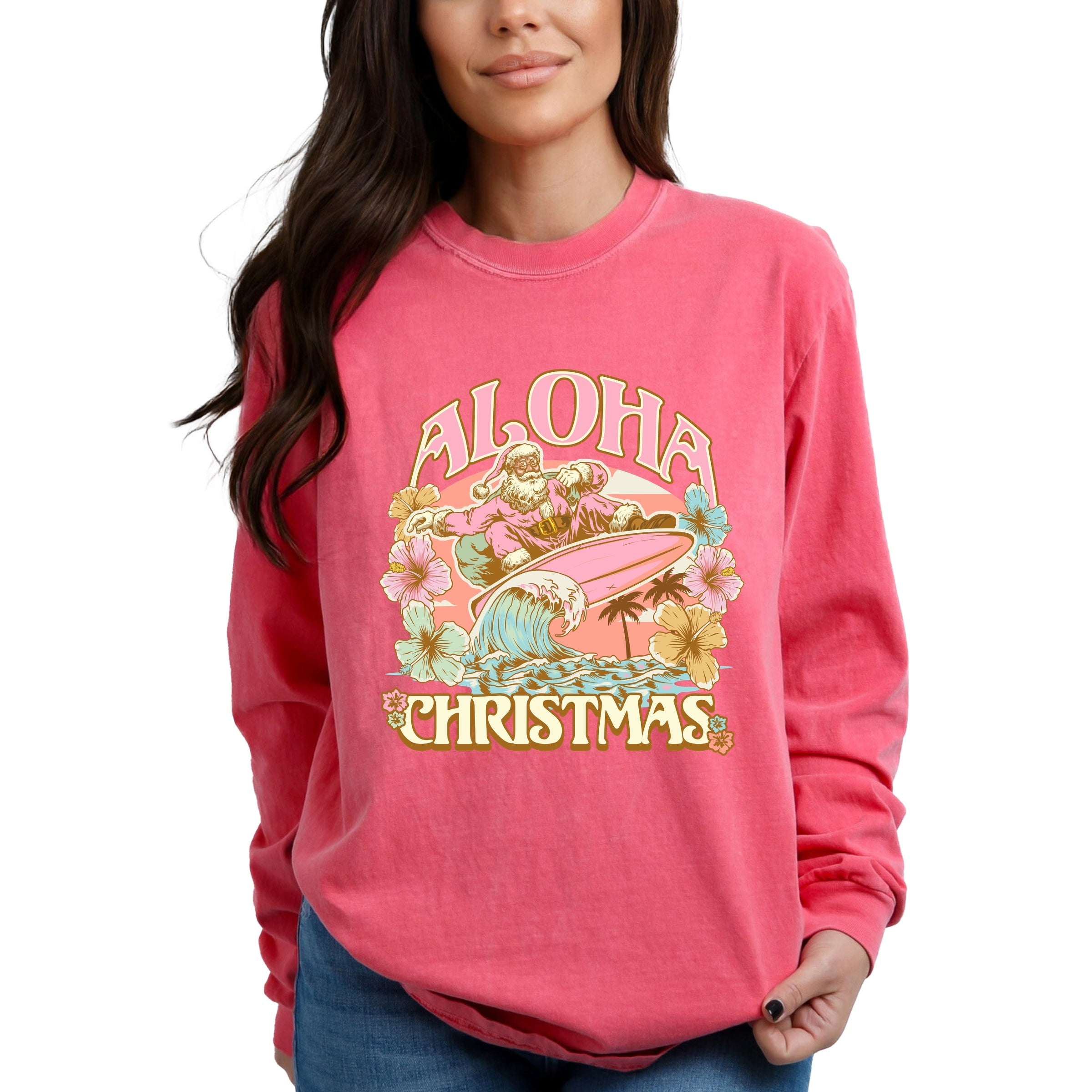 Aloha Christmas Surfing Santa - Women's Garment Dyed Long Sleeve Graphic T-Shirt