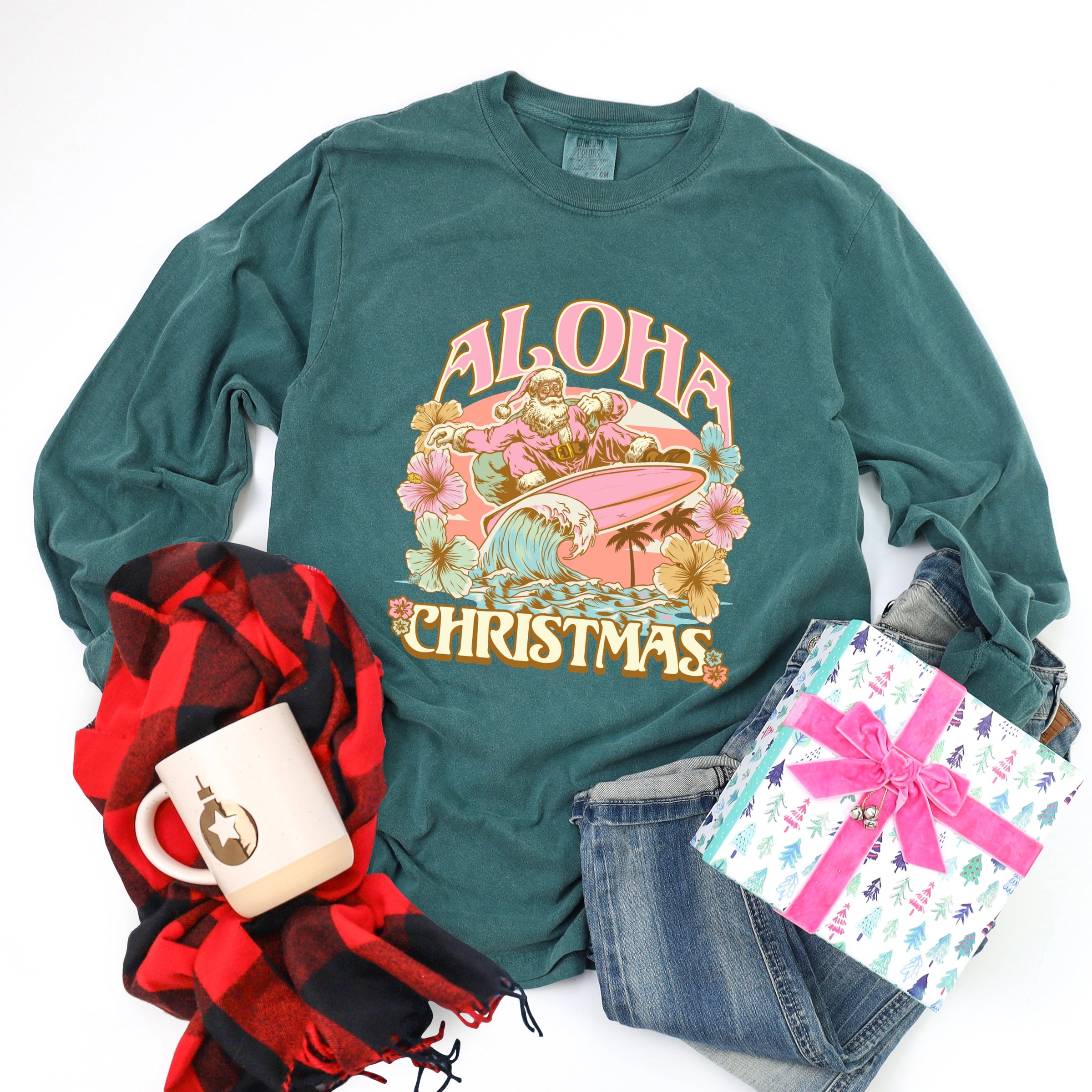 Aloha Christmas Surfing Santa - Women's Garment Dyed Long Sleeve Graphic T-Shirt