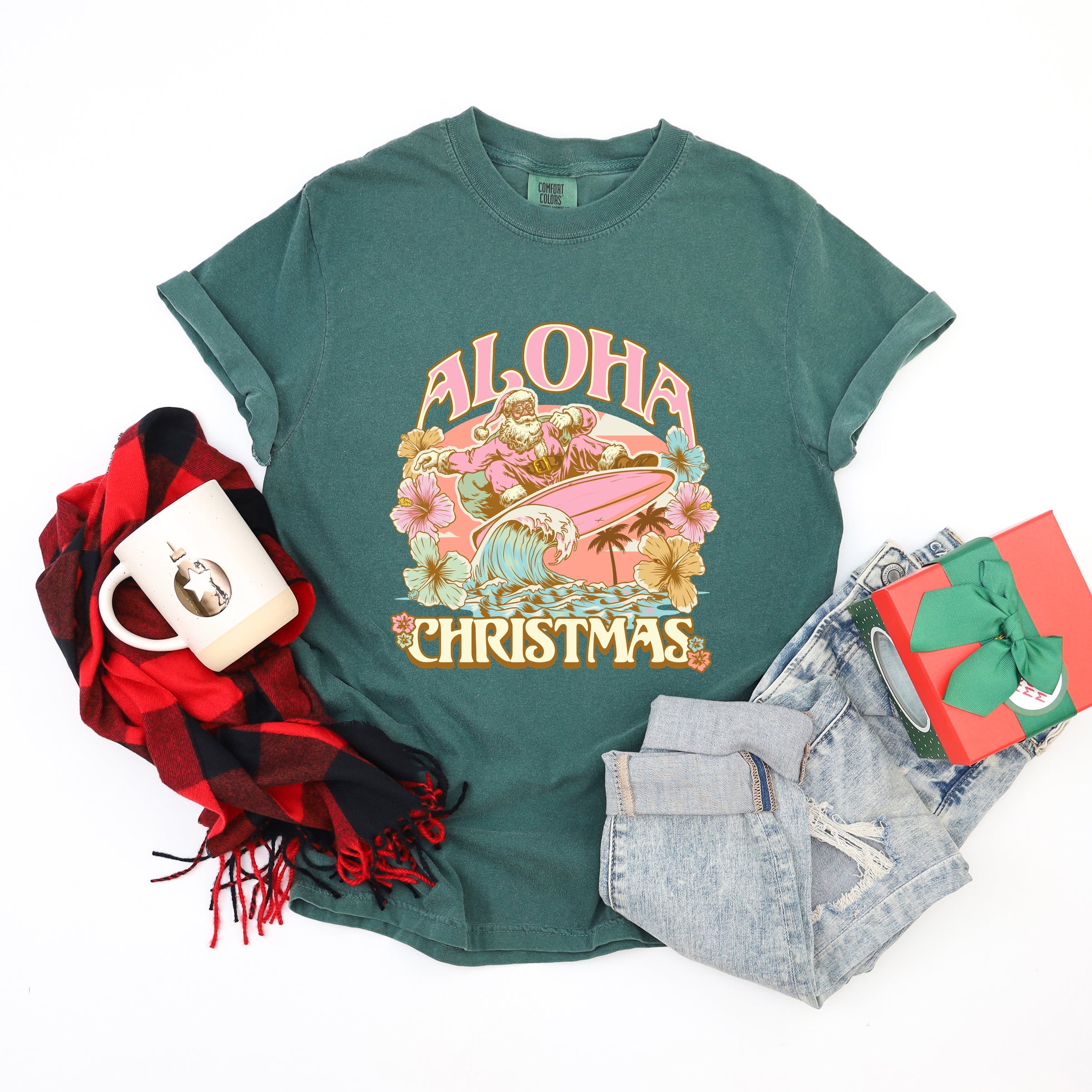 Aloha Christmas Surfing Santa - Women's Garment Dyed Graphic T-Shirt
