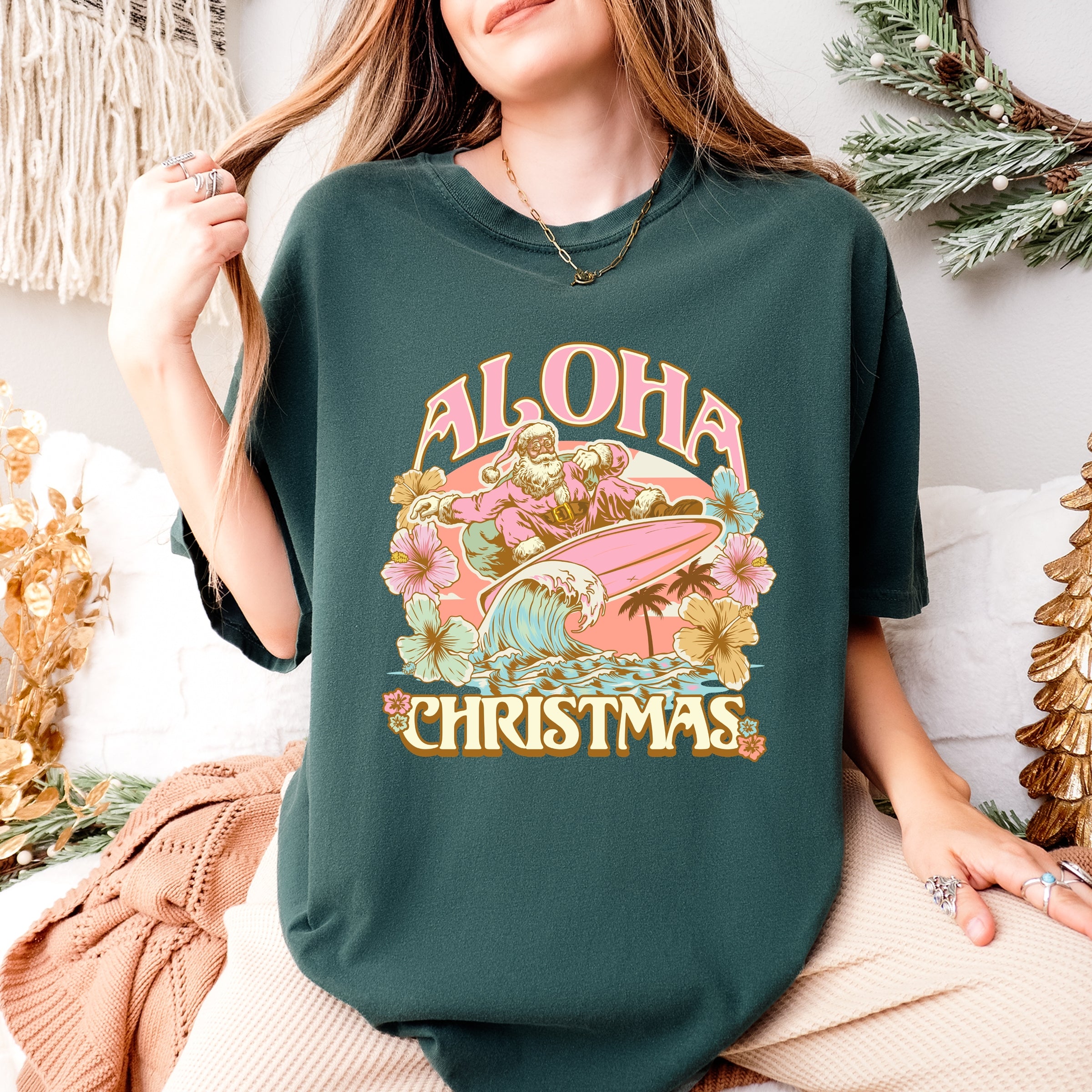 Aloha Christmas Surfing Santa - Women's Garment Dyed Graphic T-Shirt