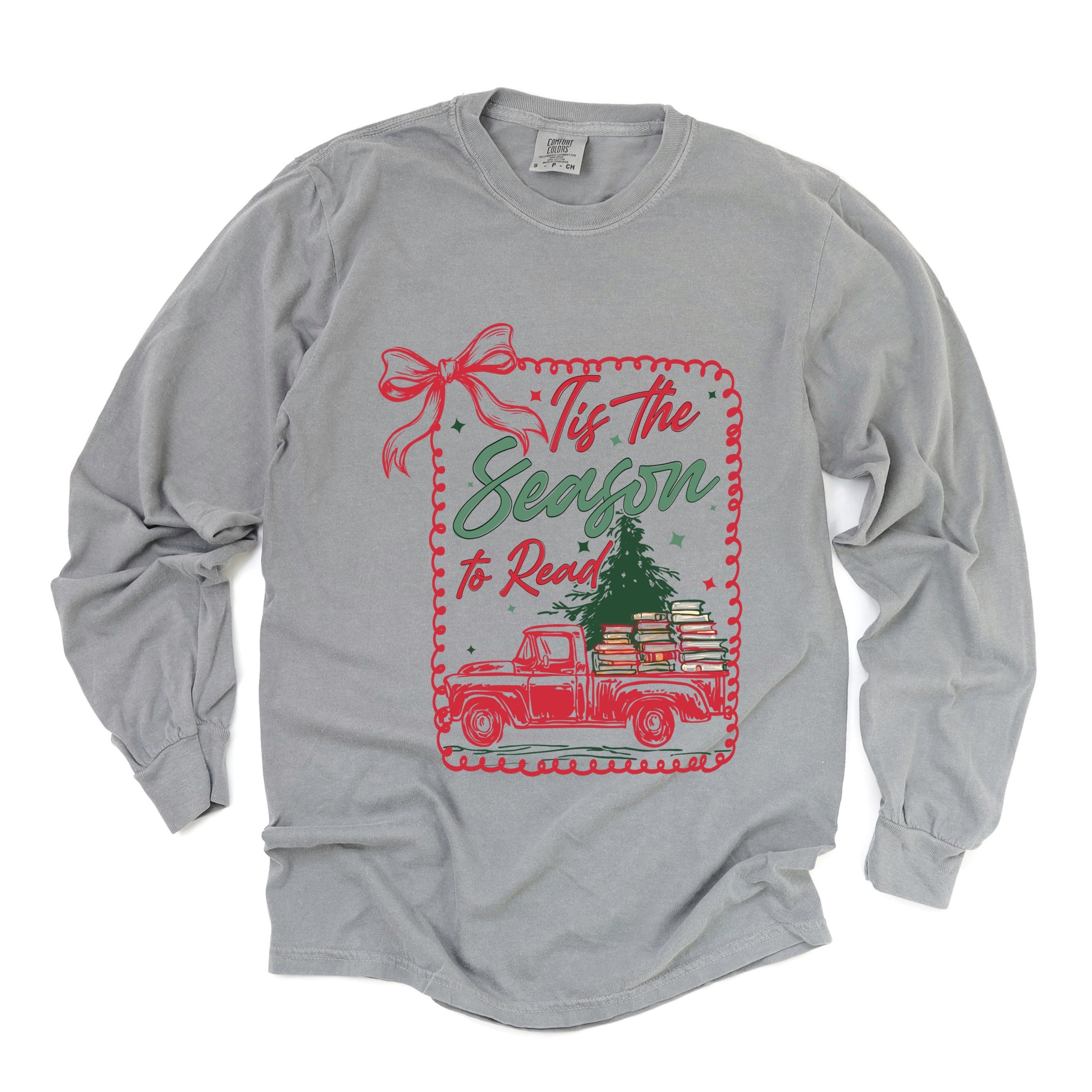 Tis The Season To Read Red Truck - Women's Garment Dyed Long Sleeve Graphic T-Shirt