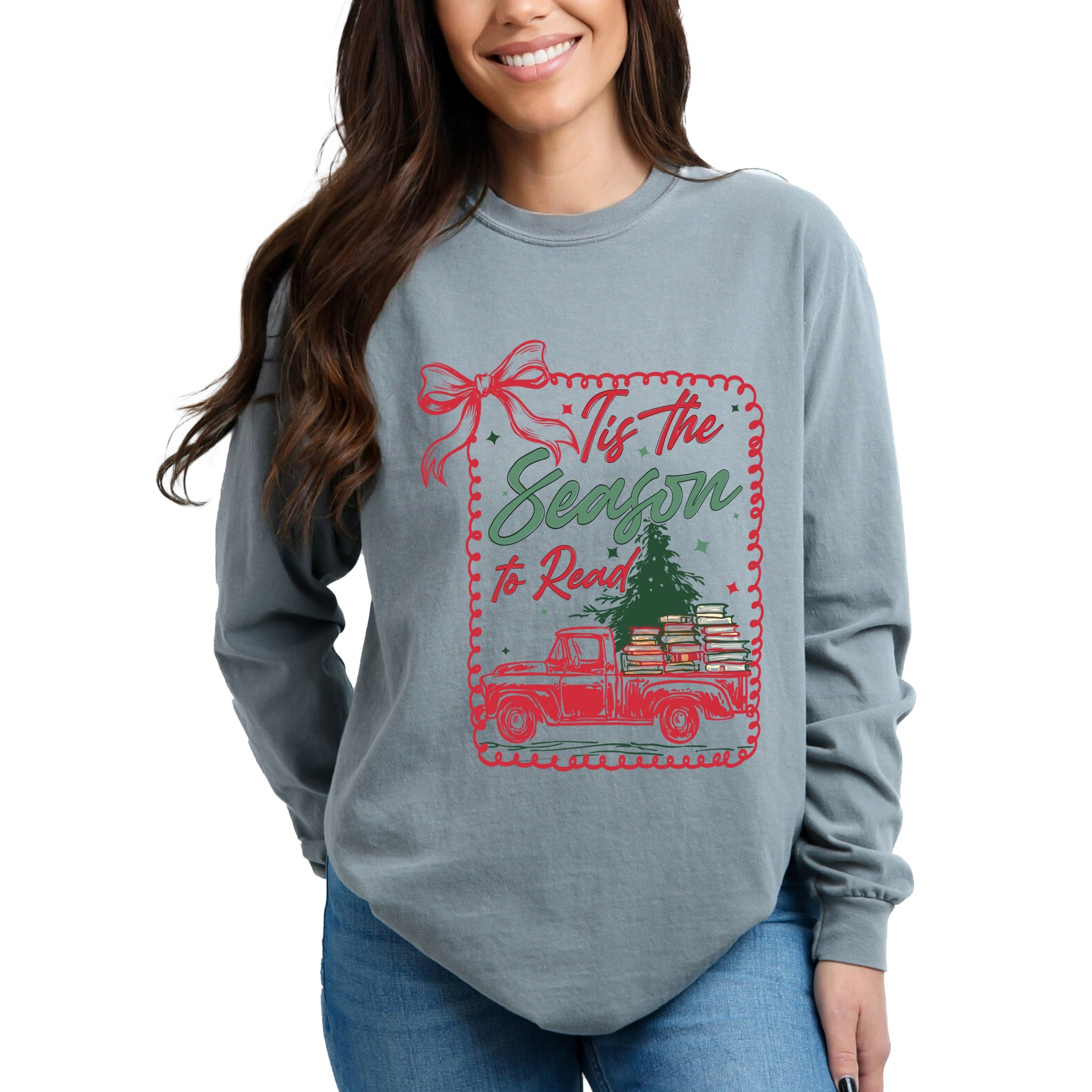 Tis The Season To Read Red Truck - Women's Garment Dyed Long Sleeve Graphic T-Shirt