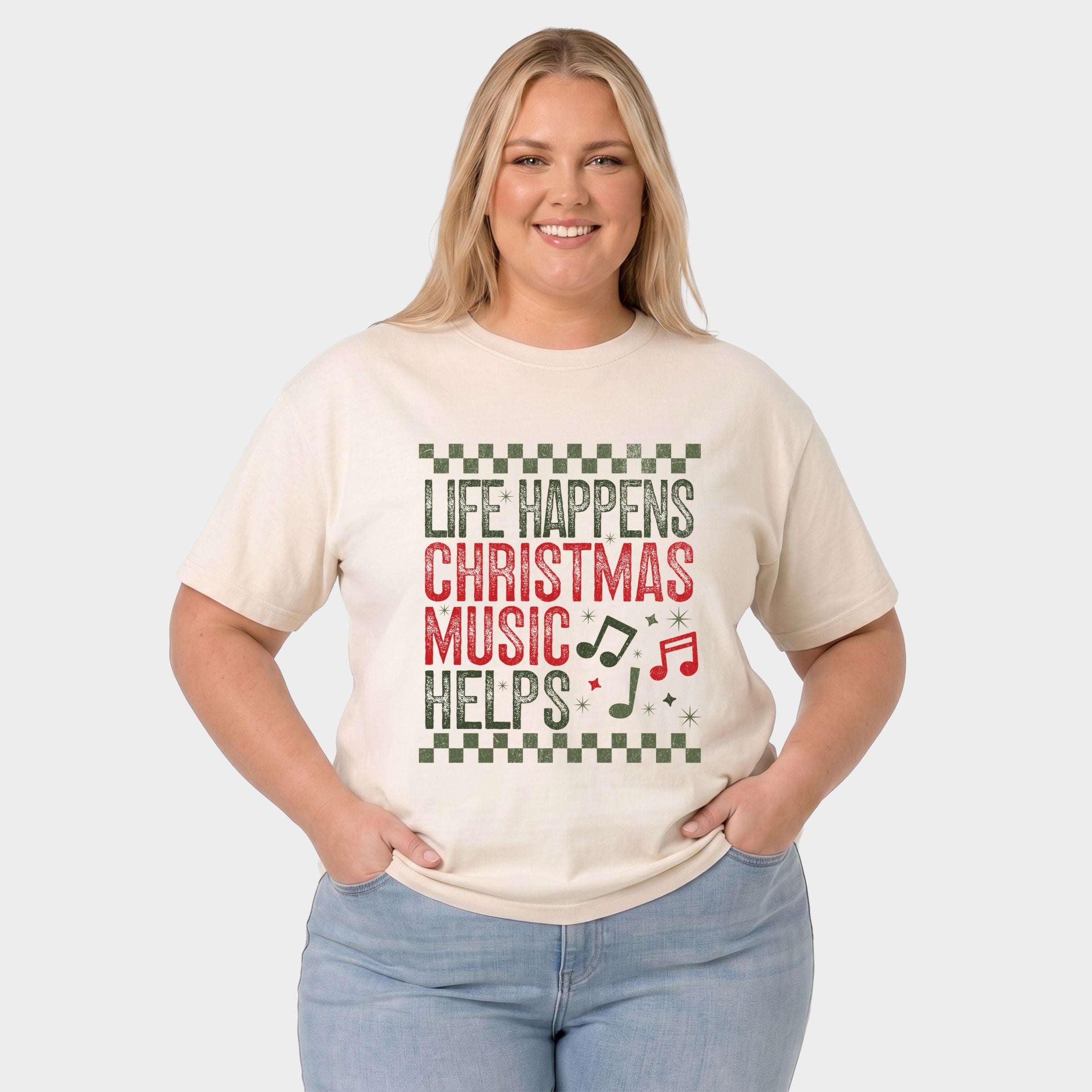Christmas Music Helps Checkered - Women's Plus Sized Garment Dyed Graphic T-Shirt