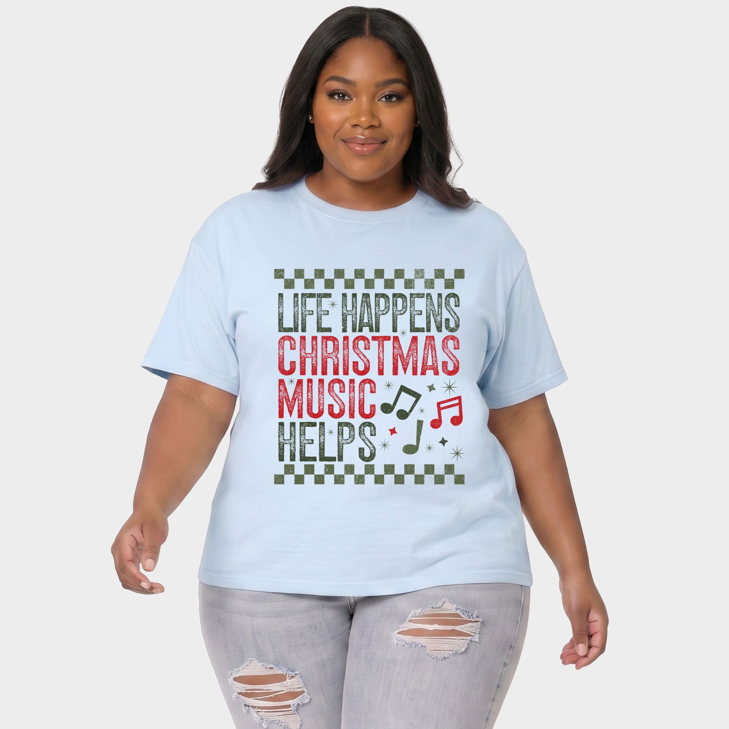 Christmas Music Helps Checkered - Women's Plus Sized Garment Dyed Graphic T-Shirt