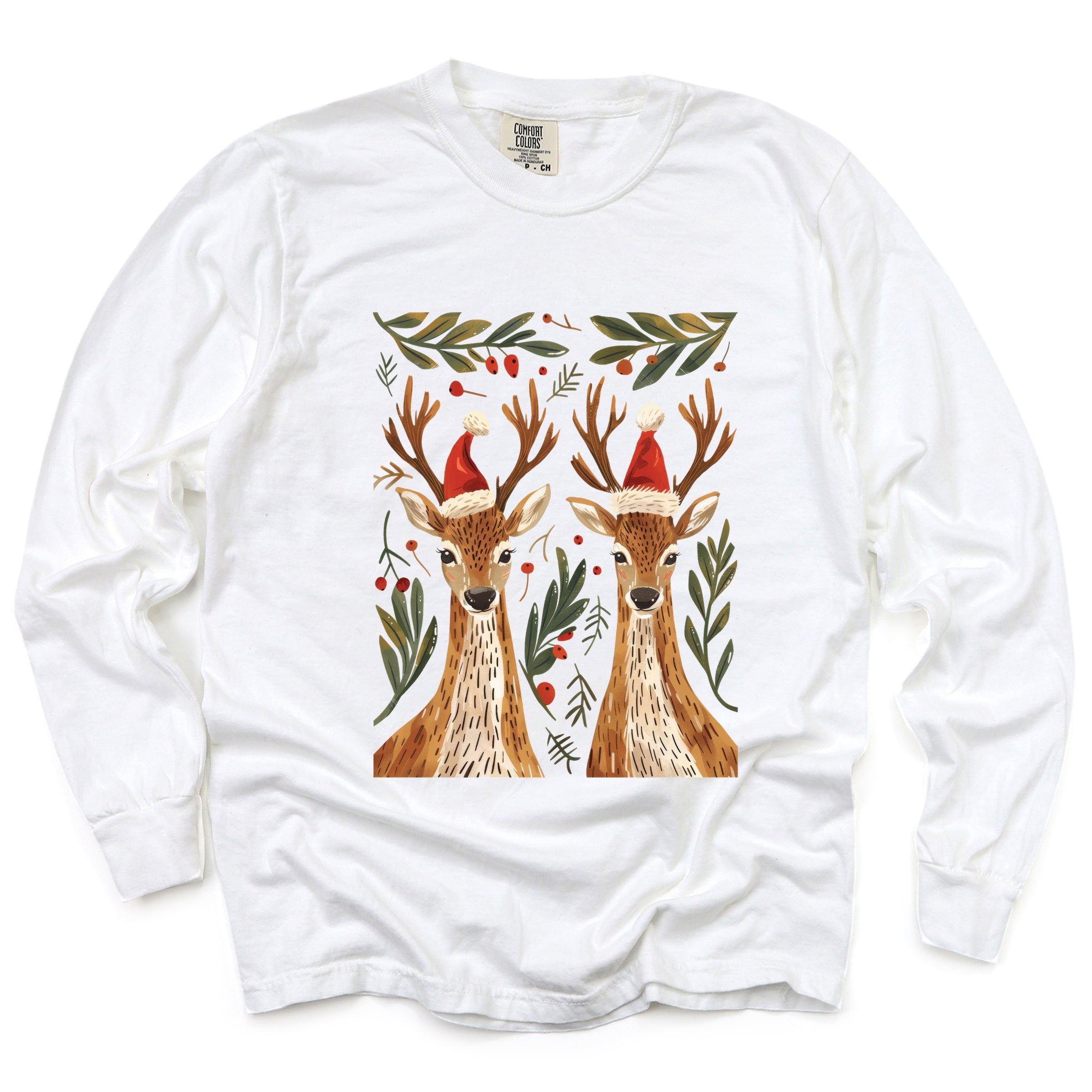 Christmas Deer Pair - Women's Garment Dyed Long Sleeve Graphic T-Shirt