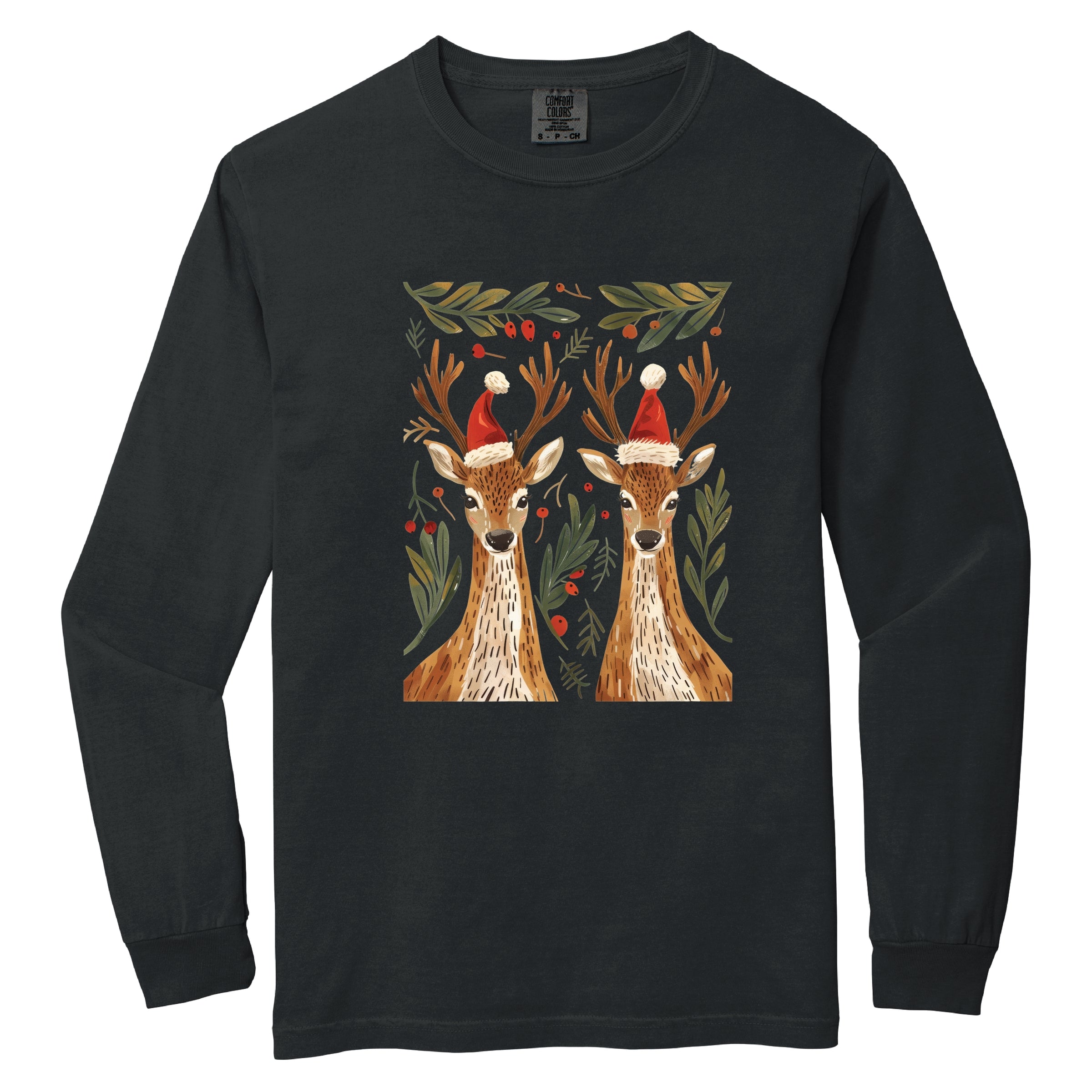 Christmas Deer Pair - Women's Garment Dyed Long Sleeve Graphic T-Shirt