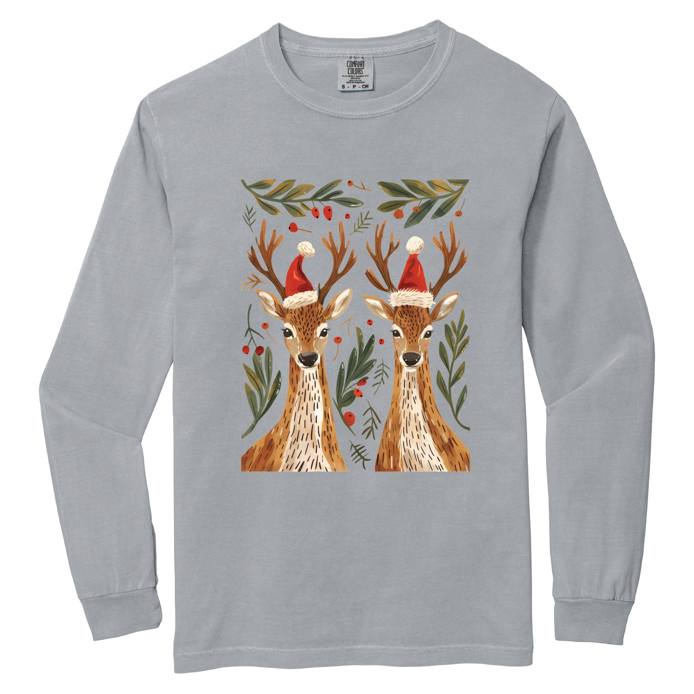 Christmas Deer Pair - Women's Garment Dyed Long Sleeve Graphic T-Shirt