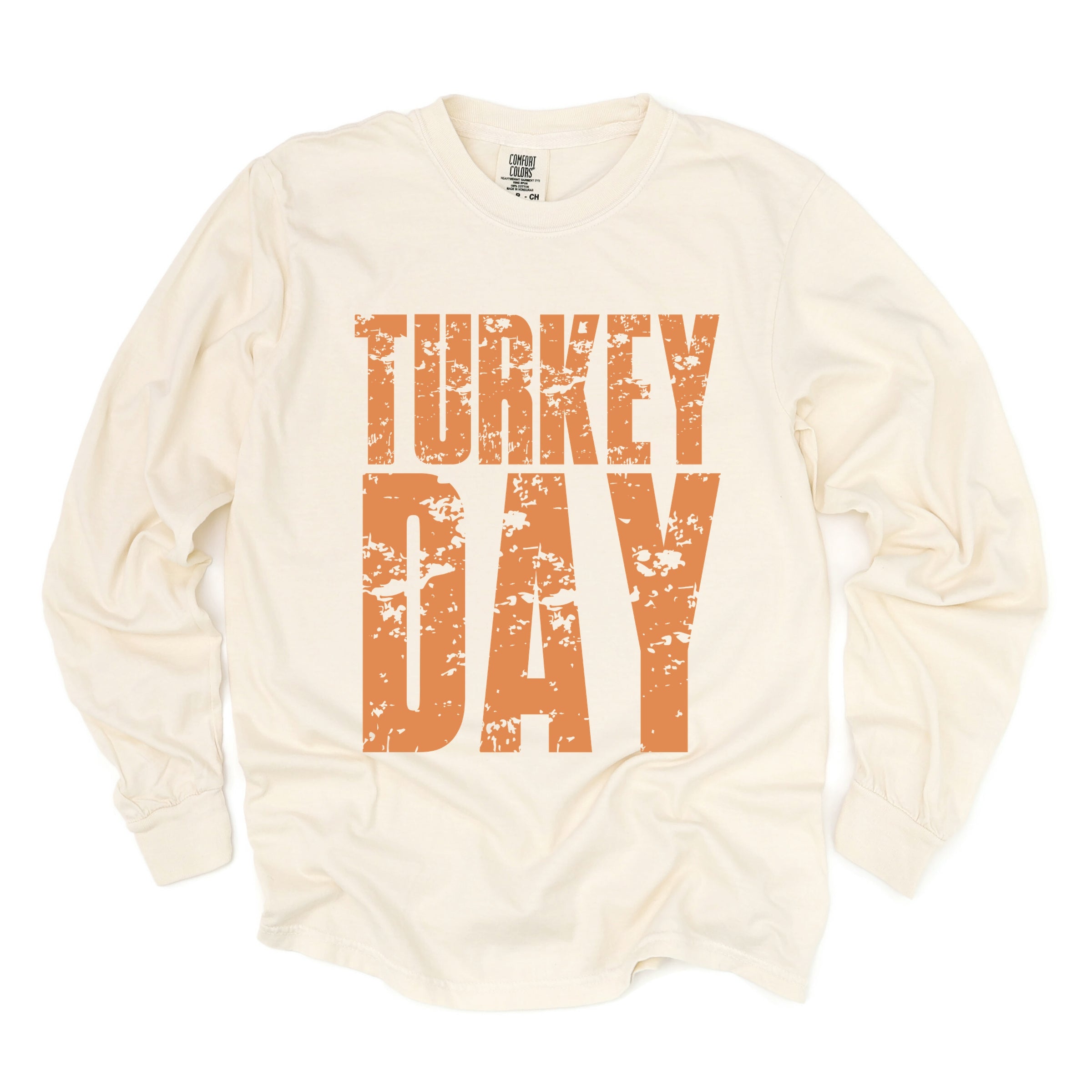 Turkey Day Block Distressed - Women's Garment Dyed Long Sleeve Graphic T-Shirt