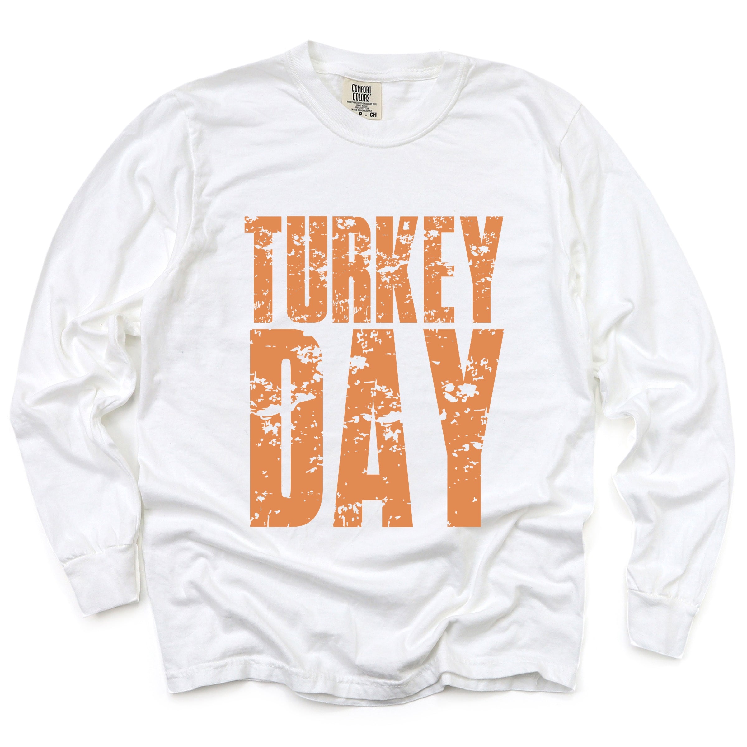 Turkey Day Block Distressed - Women's Garment Dyed Long Sleeve Graphic T-Shirt
