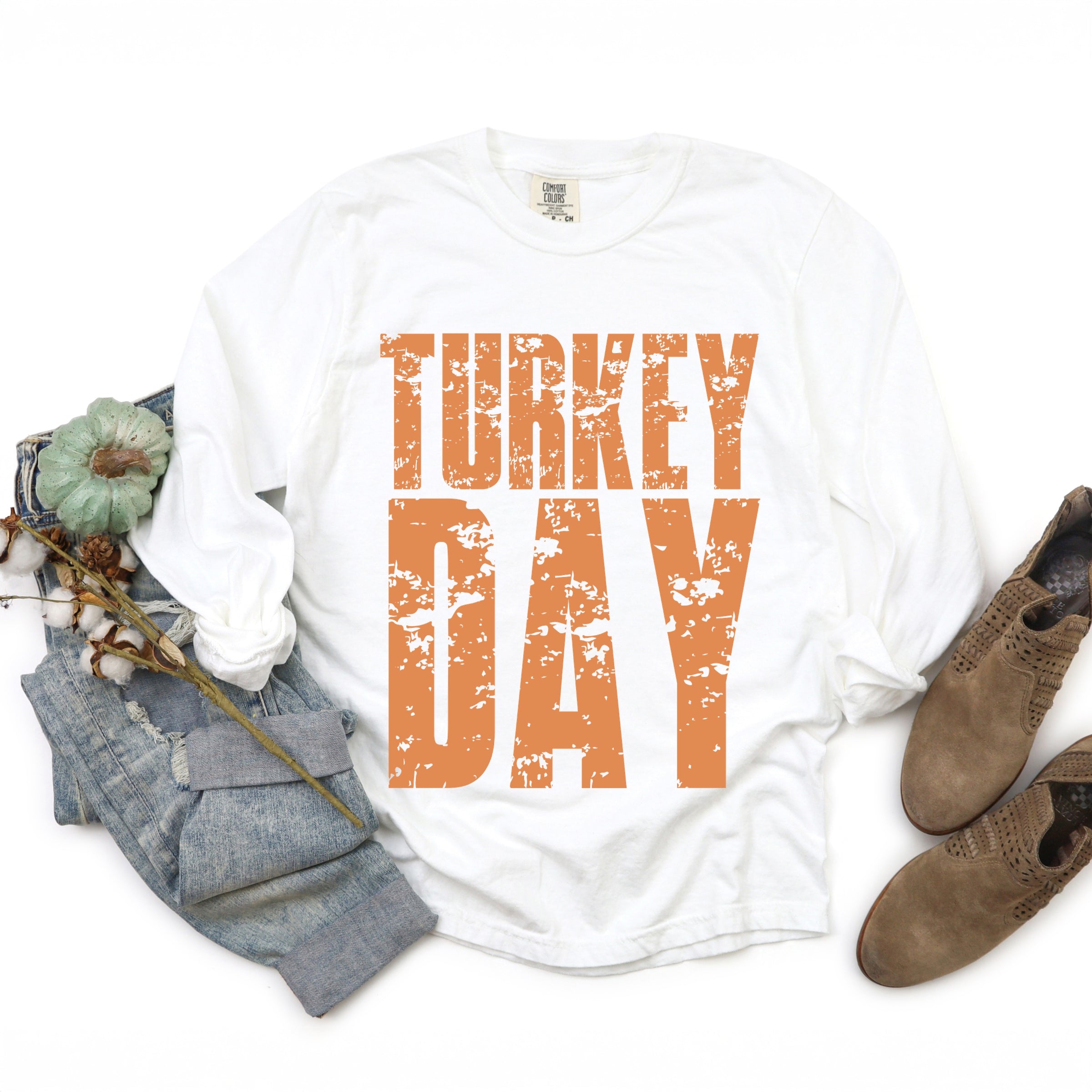Turkey Day Block Distressed - Women's Garment Dyed Long Sleeve Graphic T-Shirt