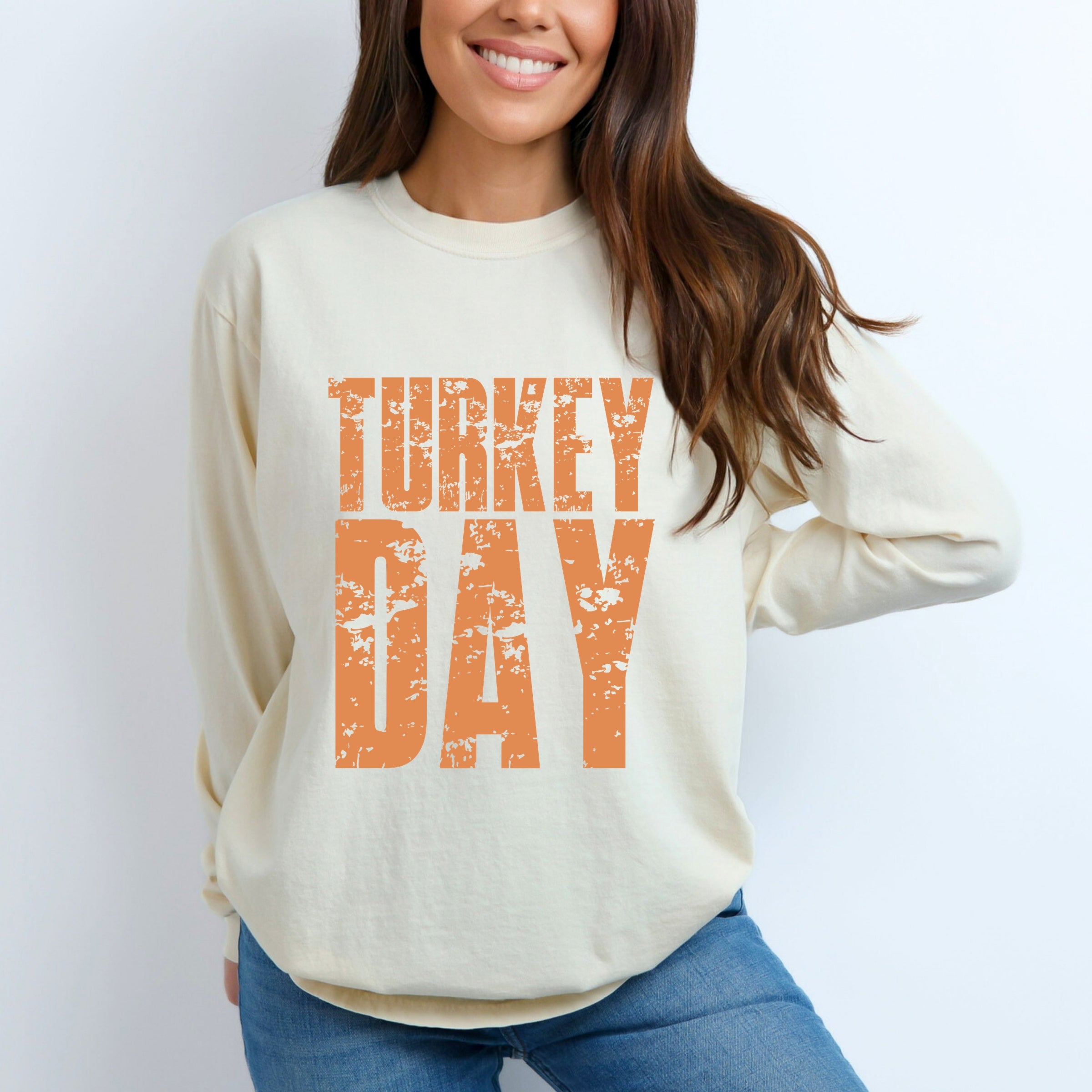 Turkey Day Block Distressed - Women's Garment Dyed Long Sleeve Graphic T-Shirt